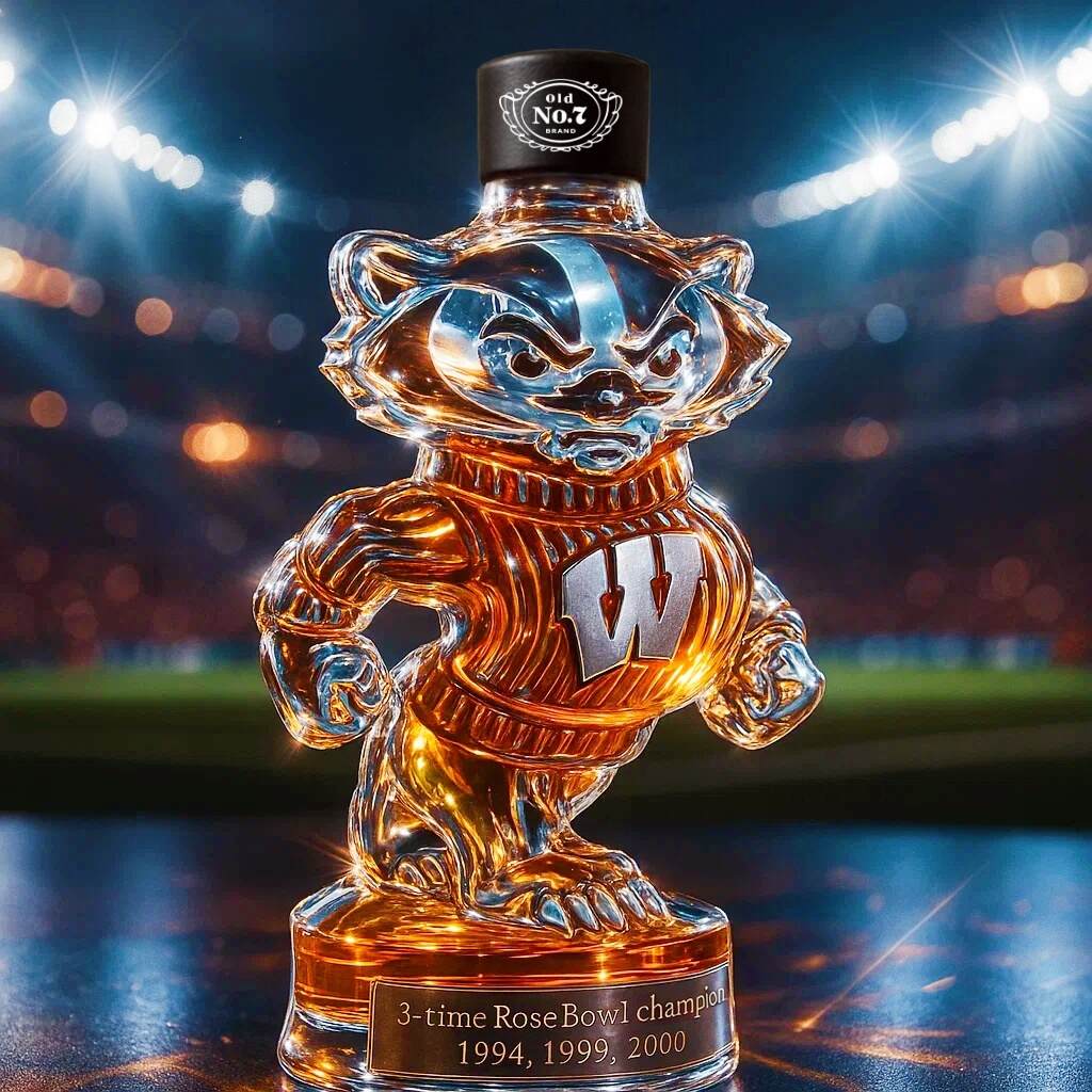 Wisconsin Badgers 3-time Rose Bowl Champion Whiskey Bottle