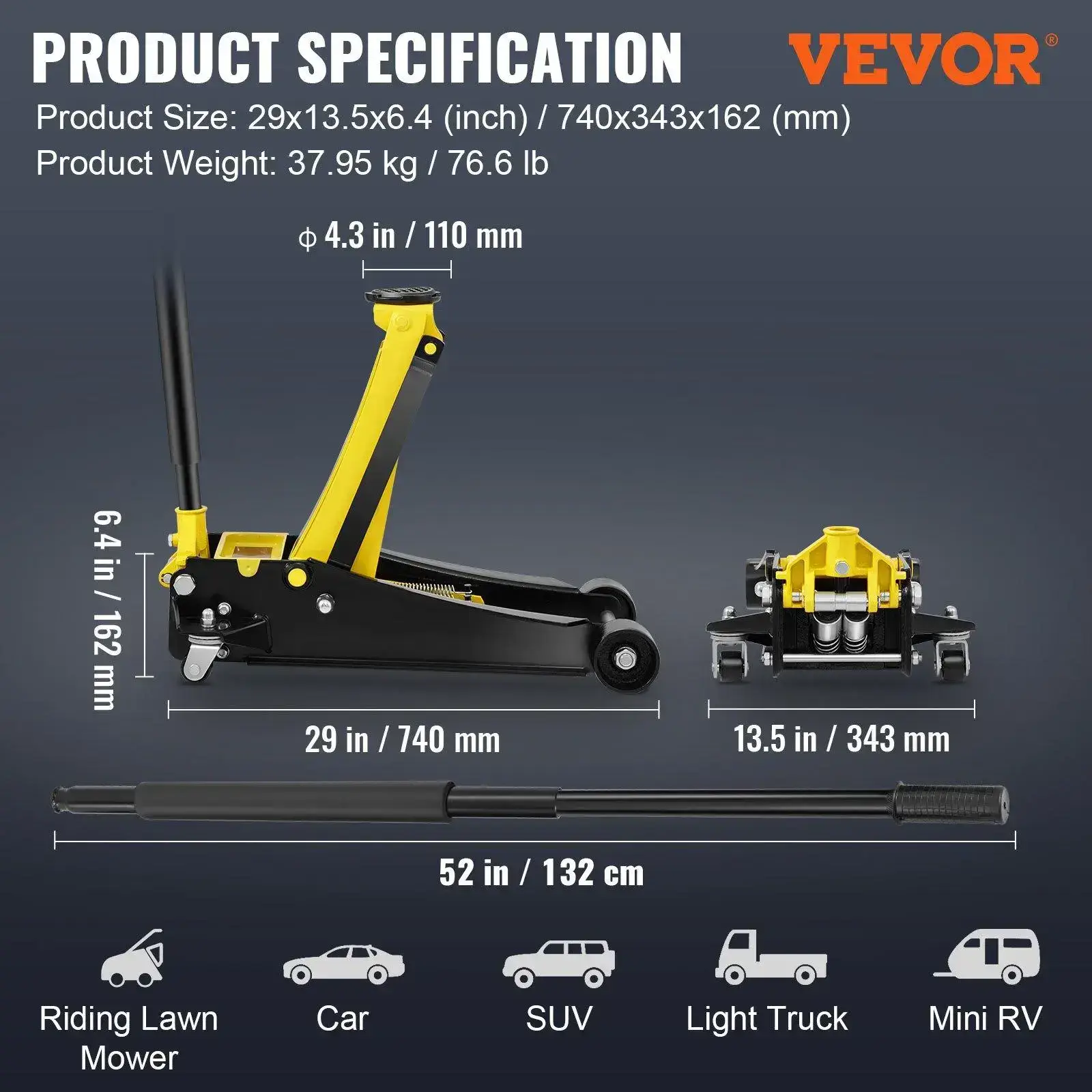 Low Profile Floor Jack 4 Ton Heavy Duty Steel Dual Piston Rapid Pump Portable Car Wheel