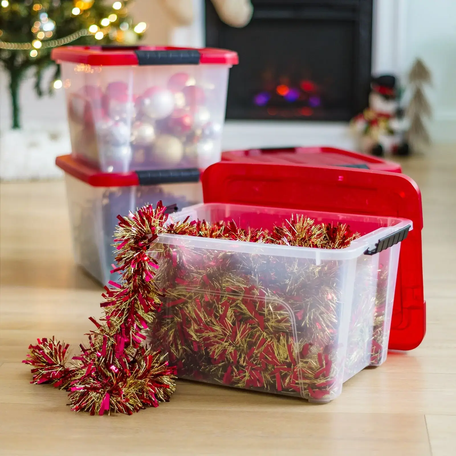 20.5 QT Stackable Holiday Storage Bins, Clear/Red (4-Pack)
