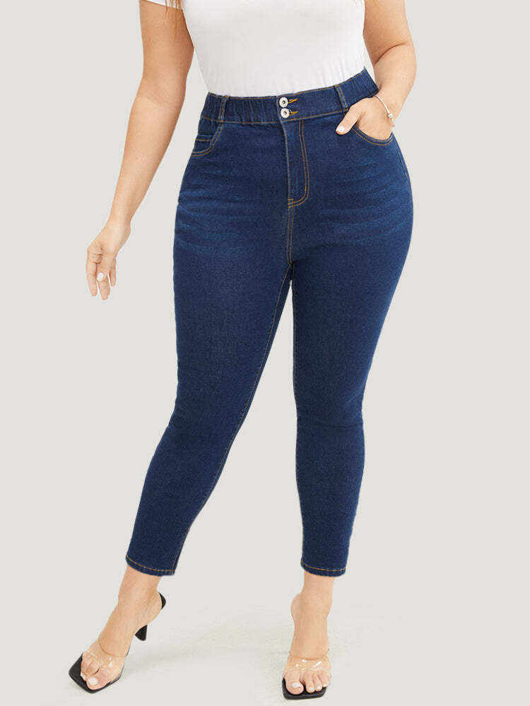 Skinny Very Stretchy High Rise Dark Wash Elastic Waist Jeans