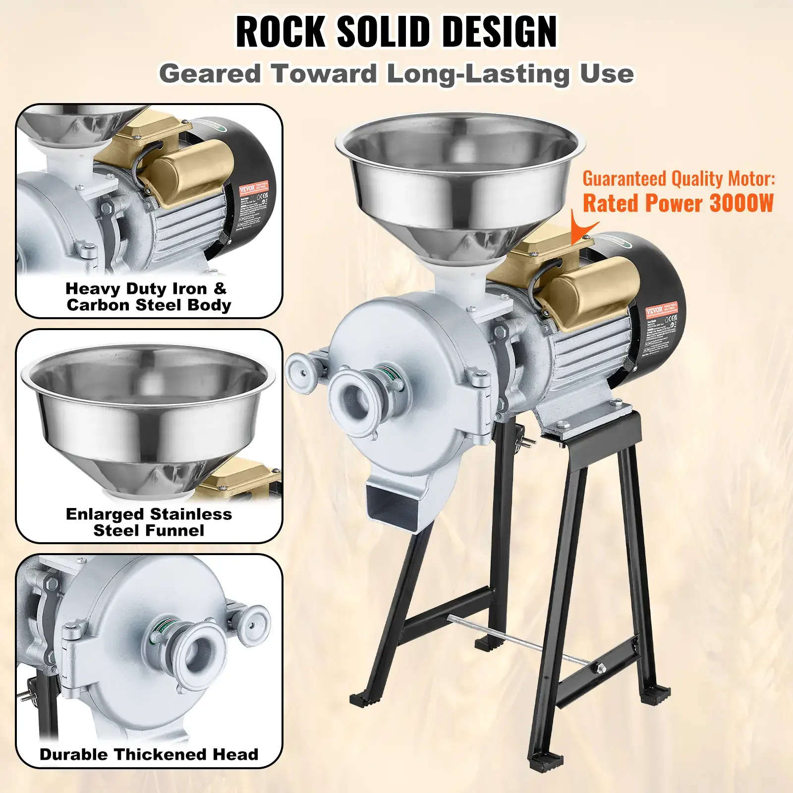 3000W High Power Commercial Grain Grinder, Heavy Duty Dry Wet Electric Mill, Adjustable Thickness Powder Machine for Wheat Corn Spice Cereal with Feeding Funnel