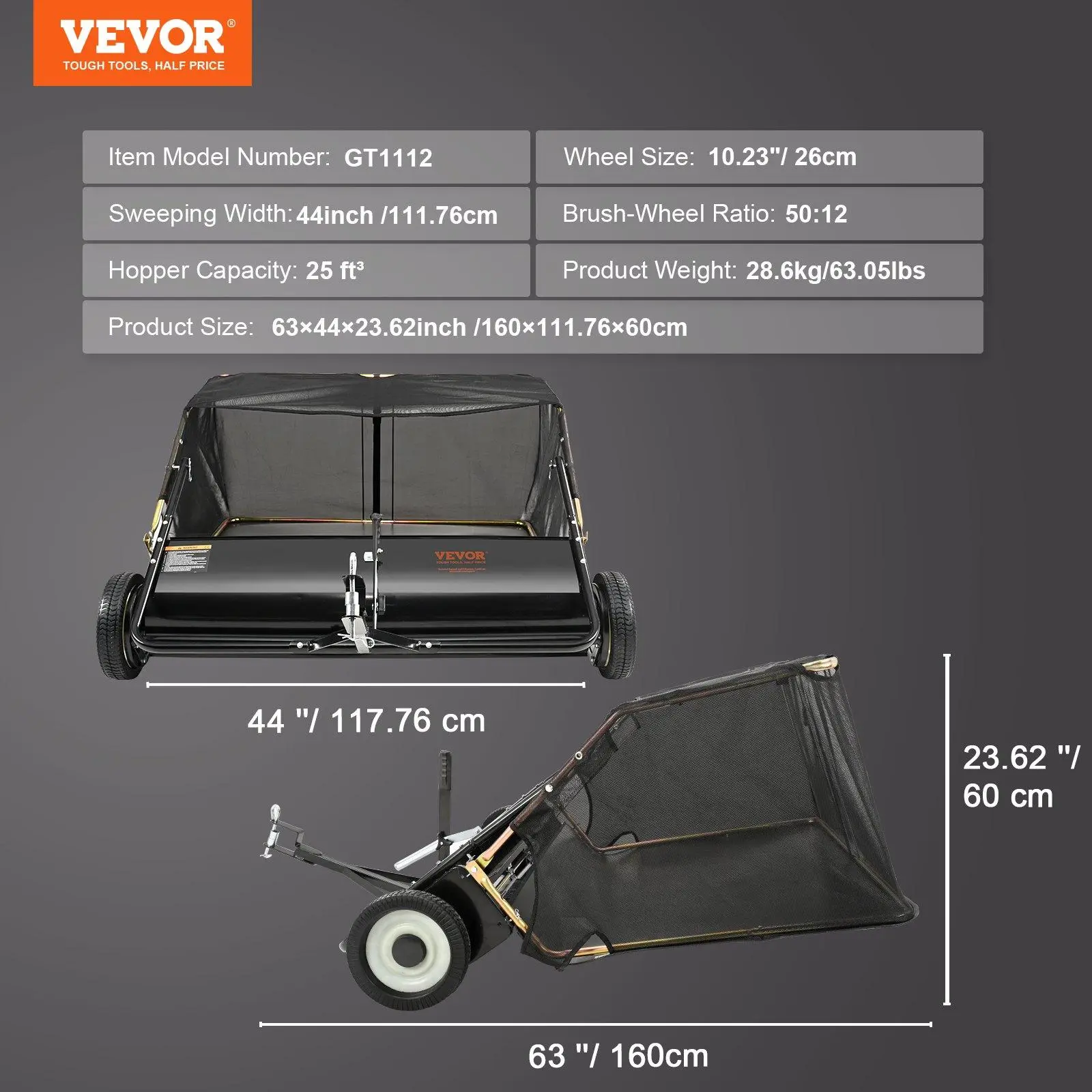 Push Lawn Sweeper,  26 Inch Leaf & Grass Collector, Strong Rubber Wheels & Heavy Duty Thickened Steel Durable to Use with Large Capacity 7 ft³ Mesh Collection Bag, 4 Spinning Brushes