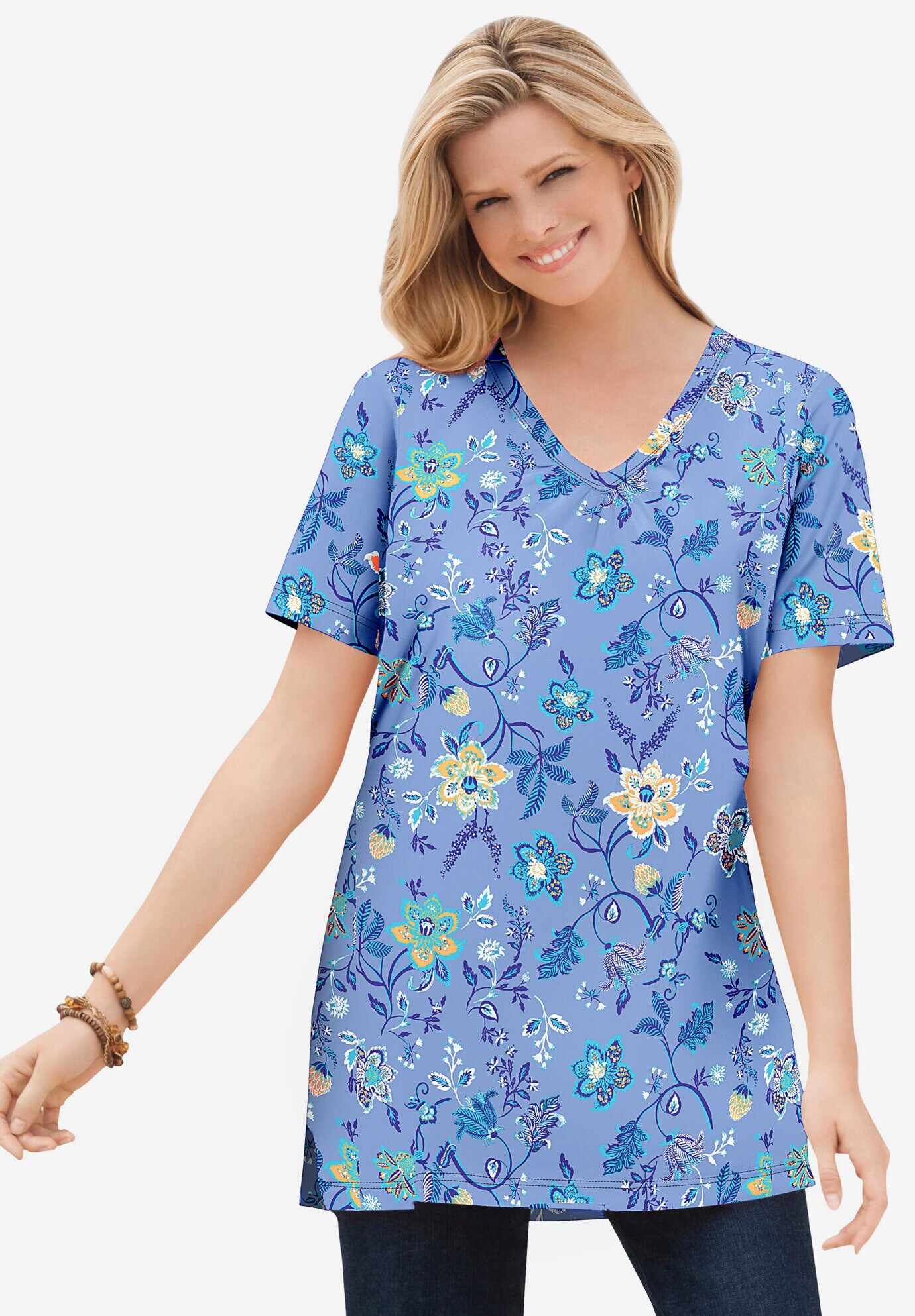 Perfect Printed Short-Sleeve Shirred V-Neck Tunic