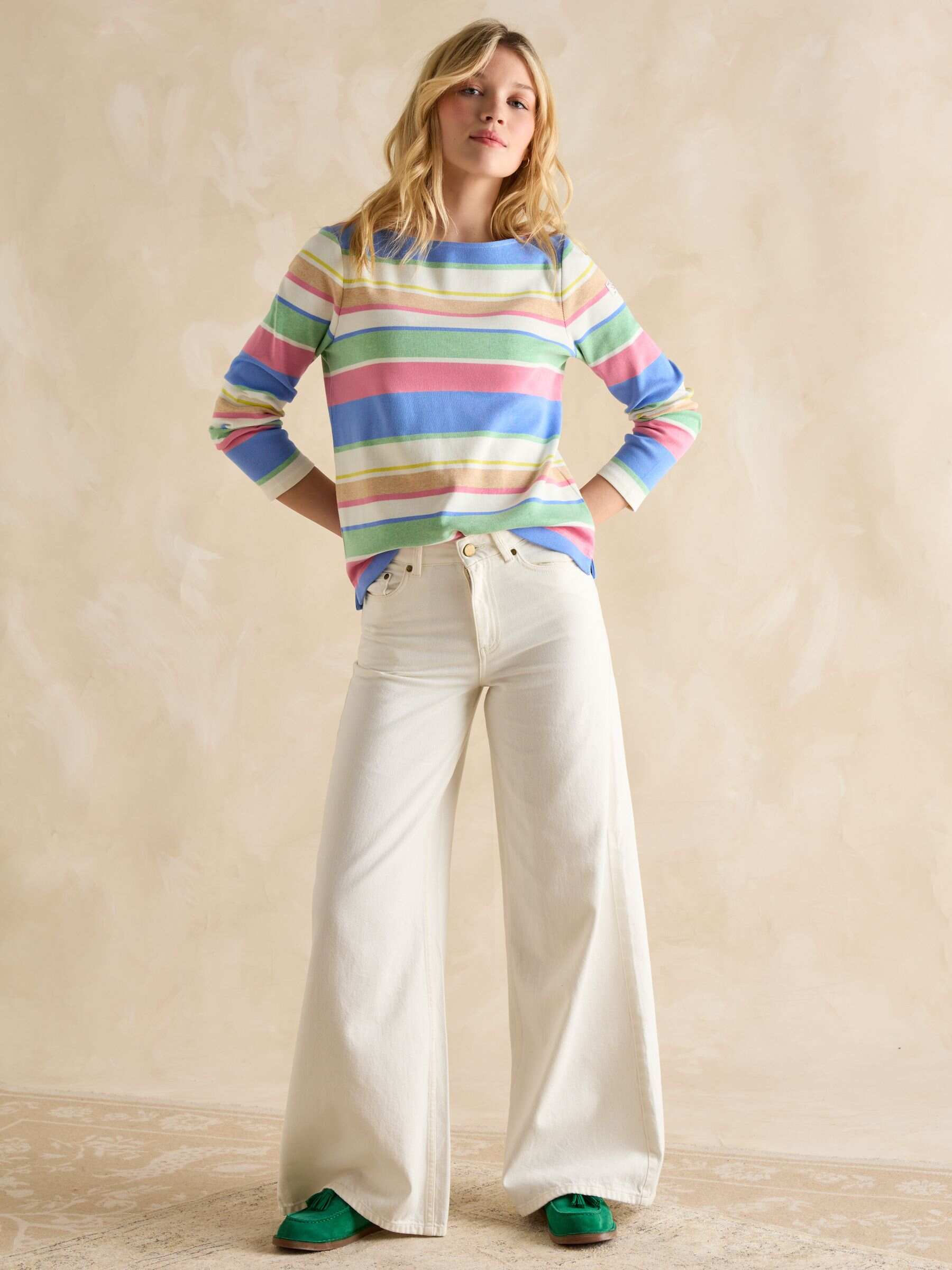 Harbour Green and Pink Elevated Stripe Pastel Boat Neck Breton Top