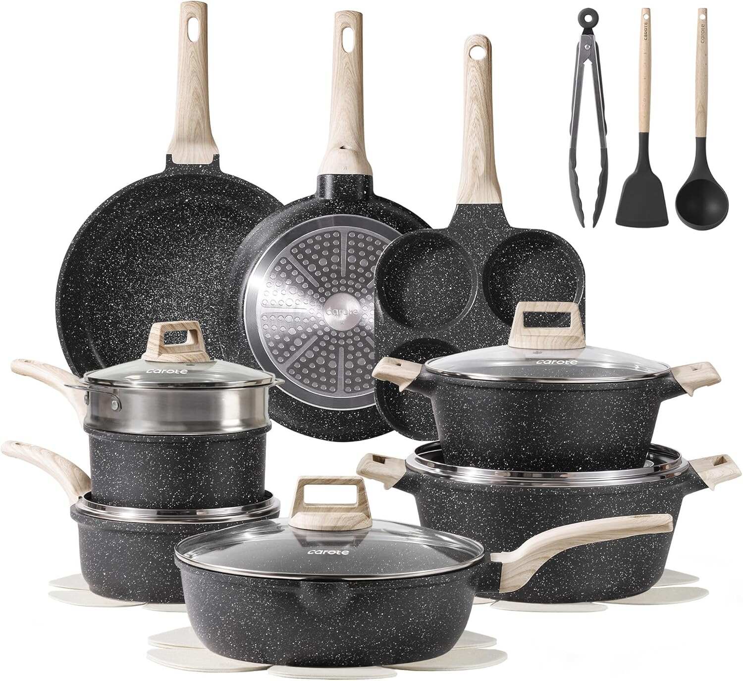 CAROTE ICE 35pcs Pots and Pans Set, Nonstick Cookware Sets, White Granite Induction Cookware with Kitchen Knife Set