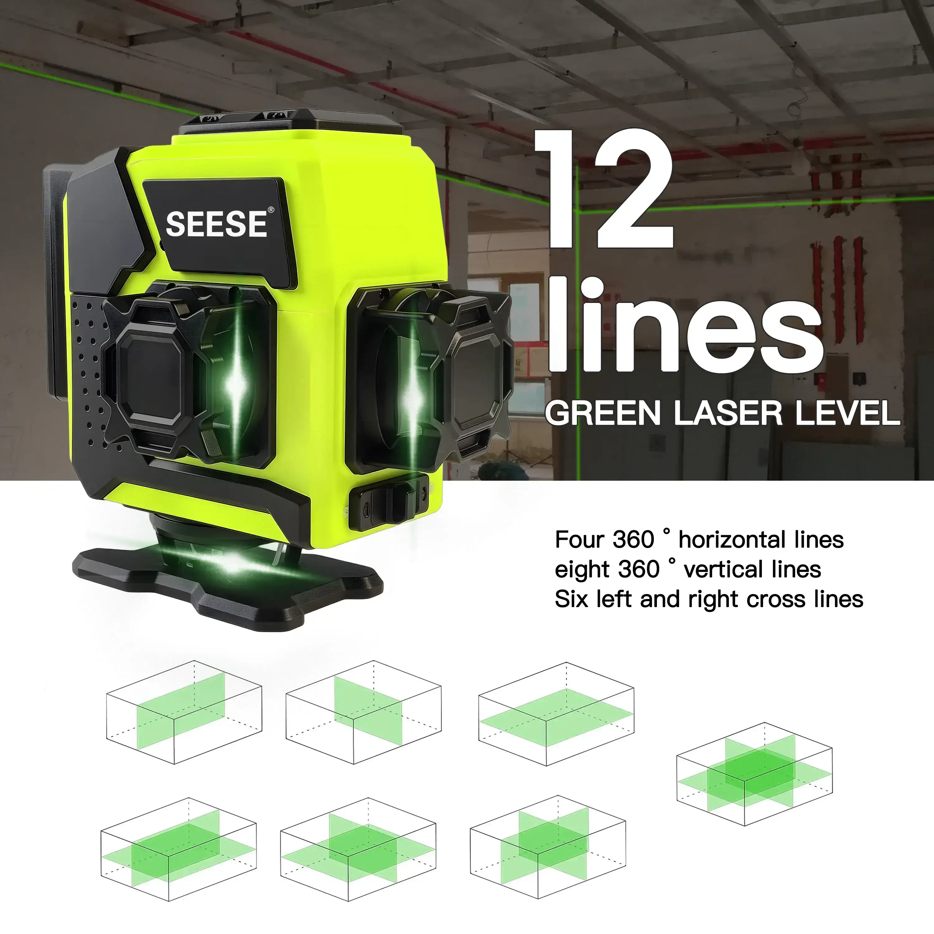 12-Line Green Laser Level 3x360° Self-Leveling Remote Control Dual Batteries Full Accessories for Tile Cabinet Home Improvement Greenish