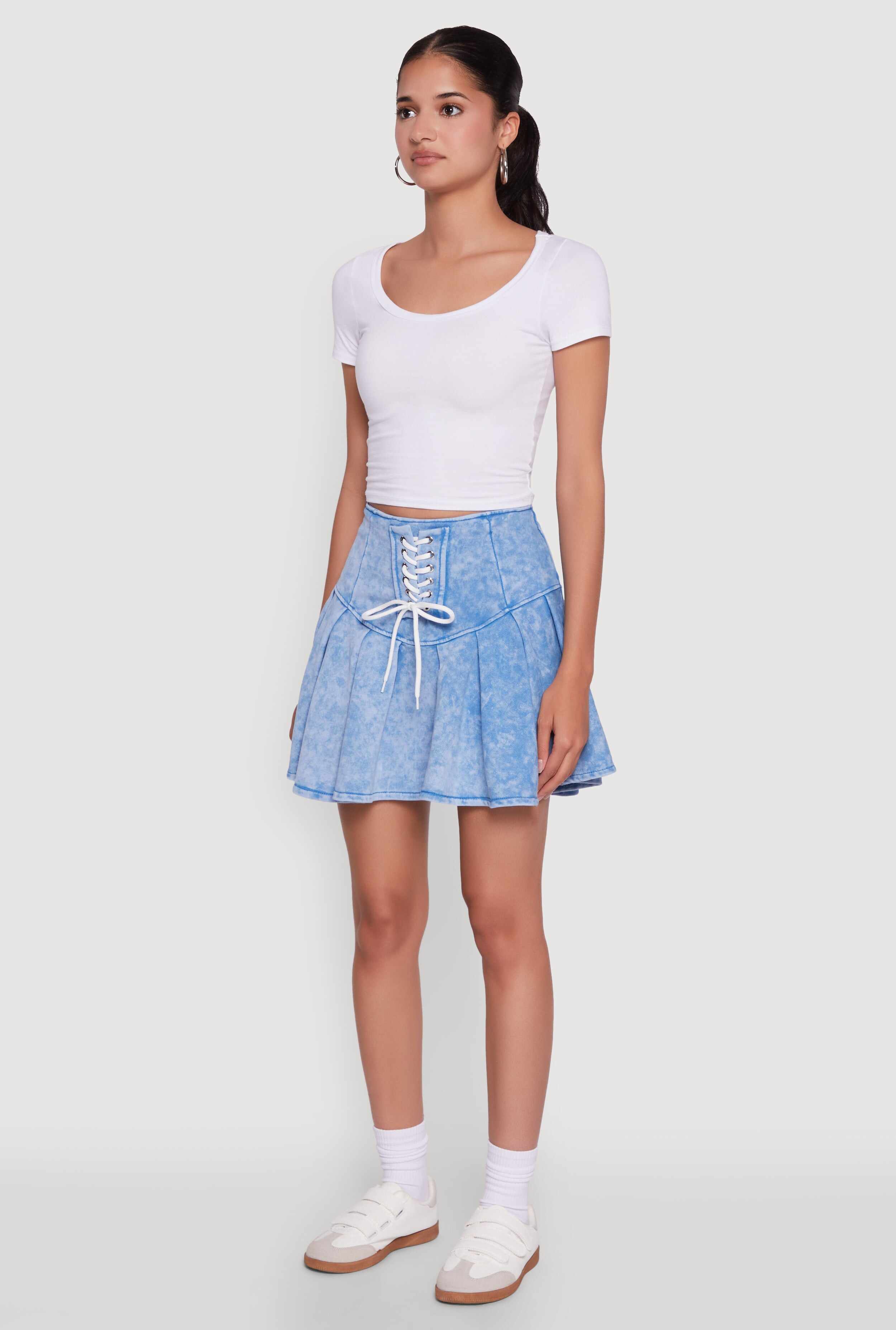 Trendy Lace Up Detail Mineral Wash Pleated Skirt