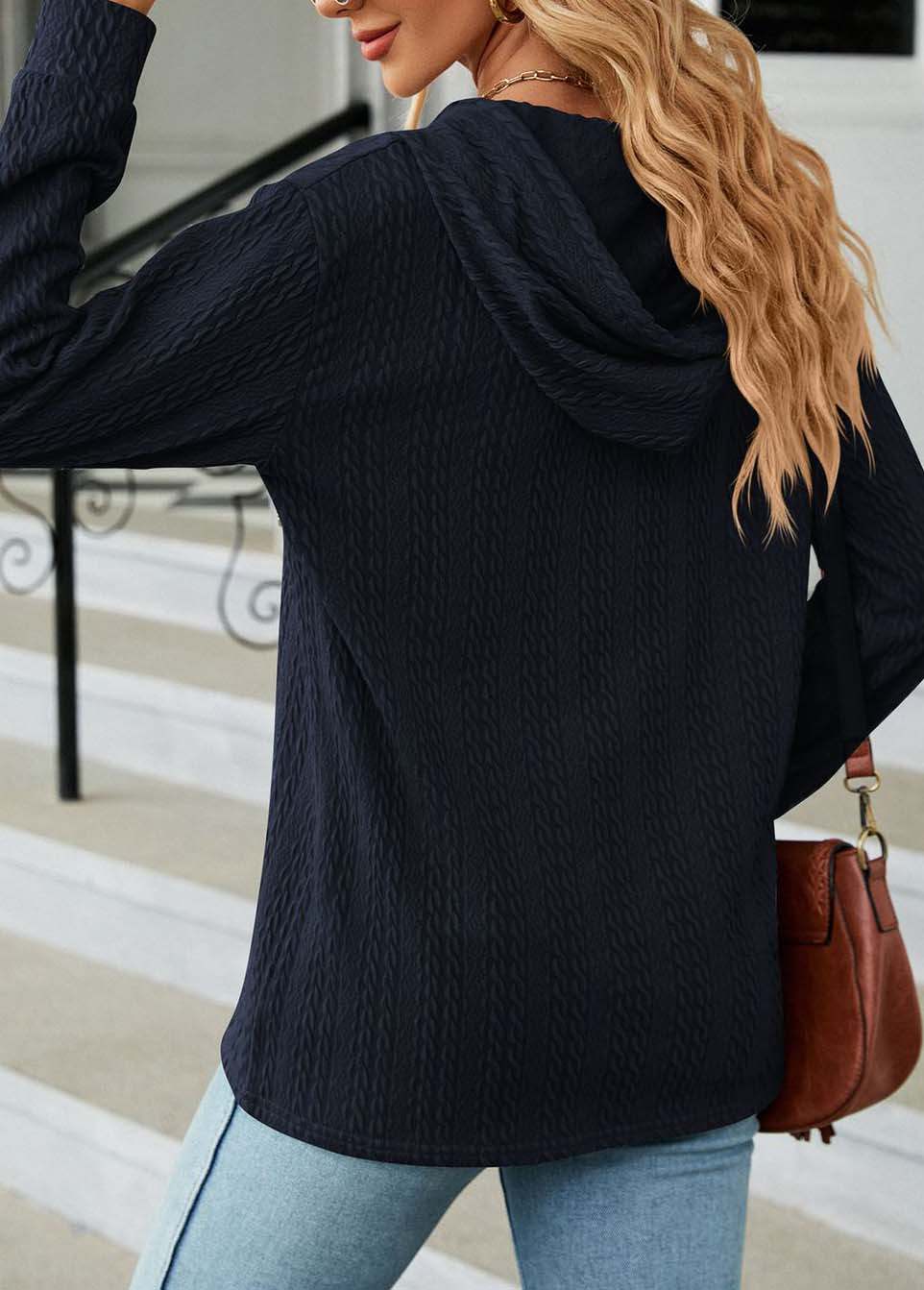 Navy Button Long Sleeve Drawstring Hoodie