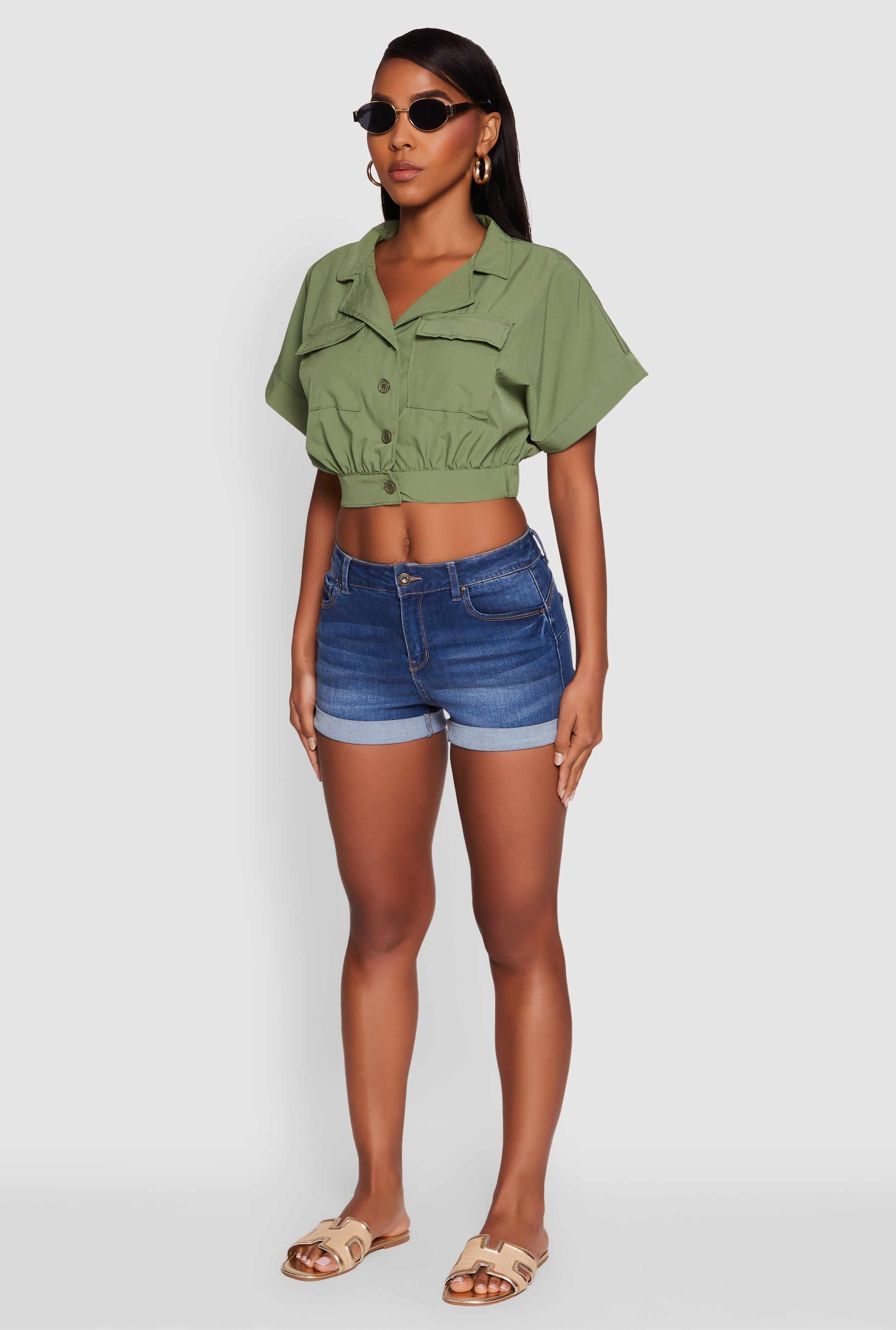 Dolman Sleeve Button Front Shirt Collar Crop Top