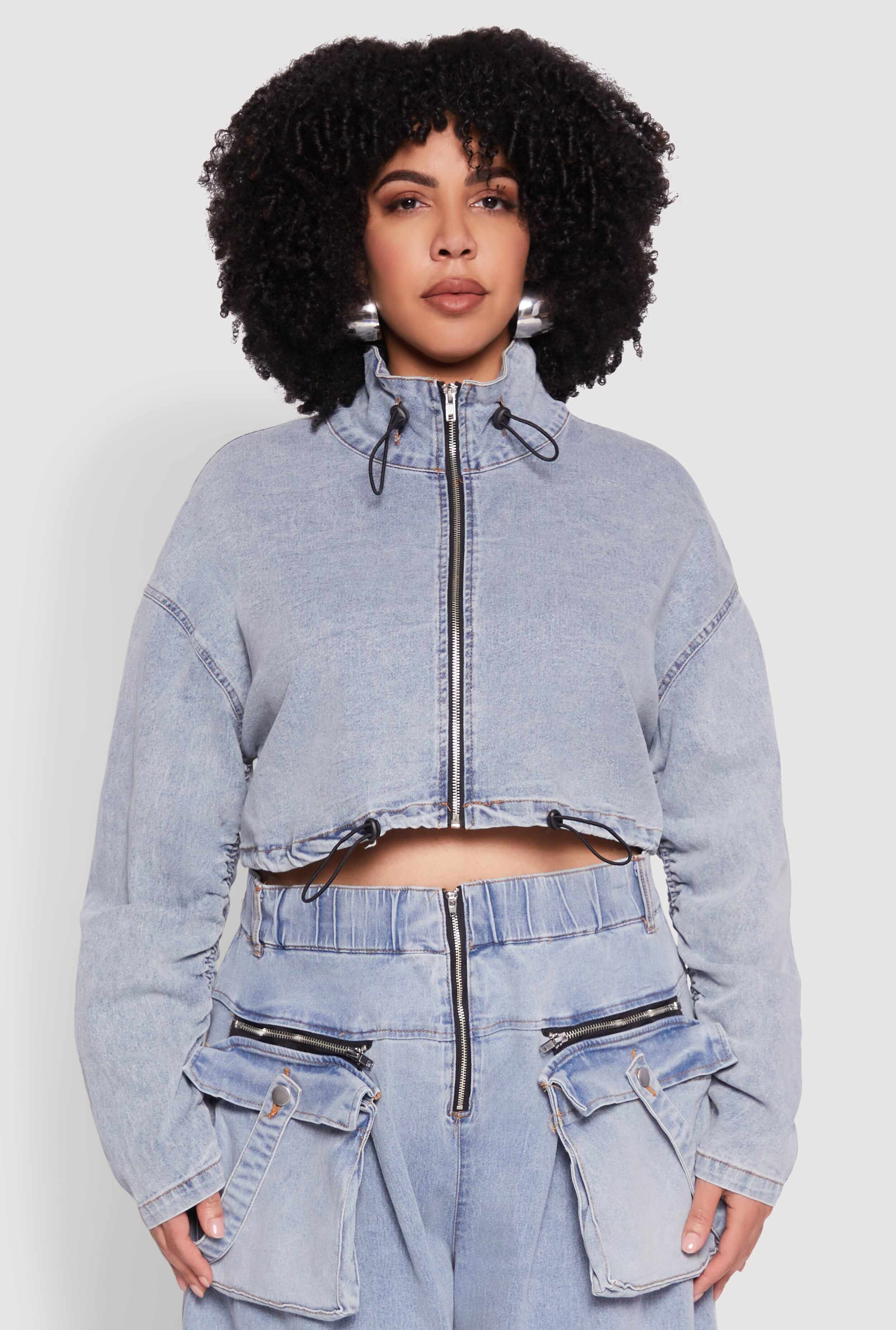 Plus Size Spoon Jeans Drawstring Cropped Jacket