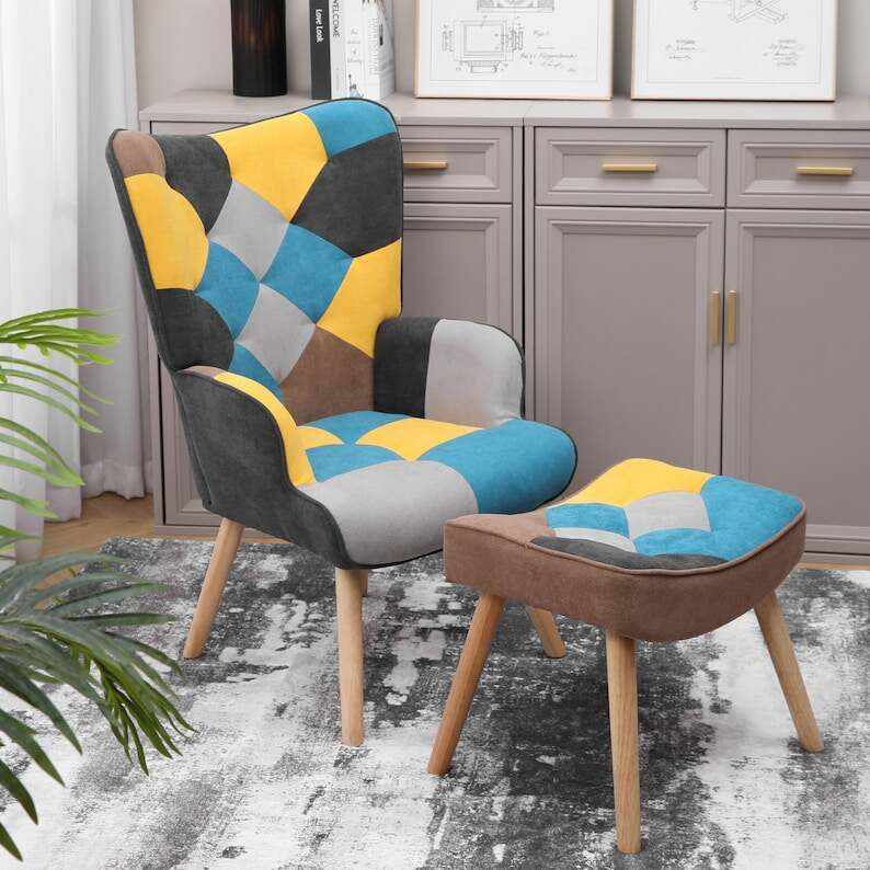 Aurelio Accent Chair with Ottoman, Living Room Chair and Ottoman Set, Comfy Side Armchair for Bedroom, Creative Splicing Cloth Surface
