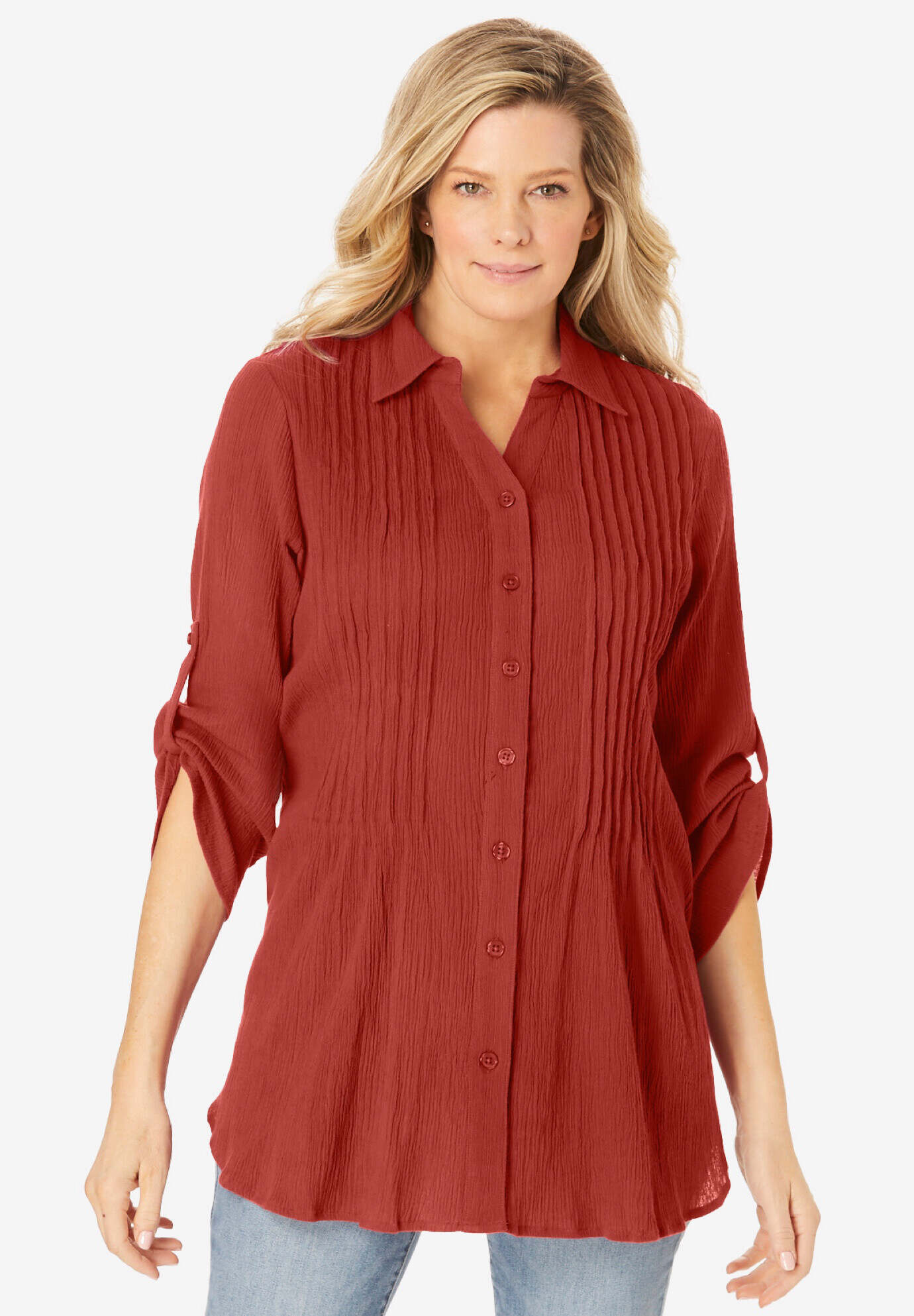 Pintucked Button Down Gauze Shirt