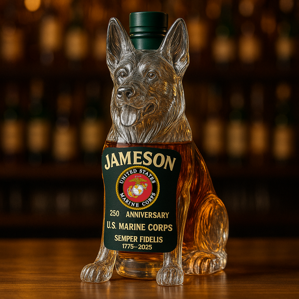 USMC 250th Anniversary German Shepherd Whiskey Bottle
