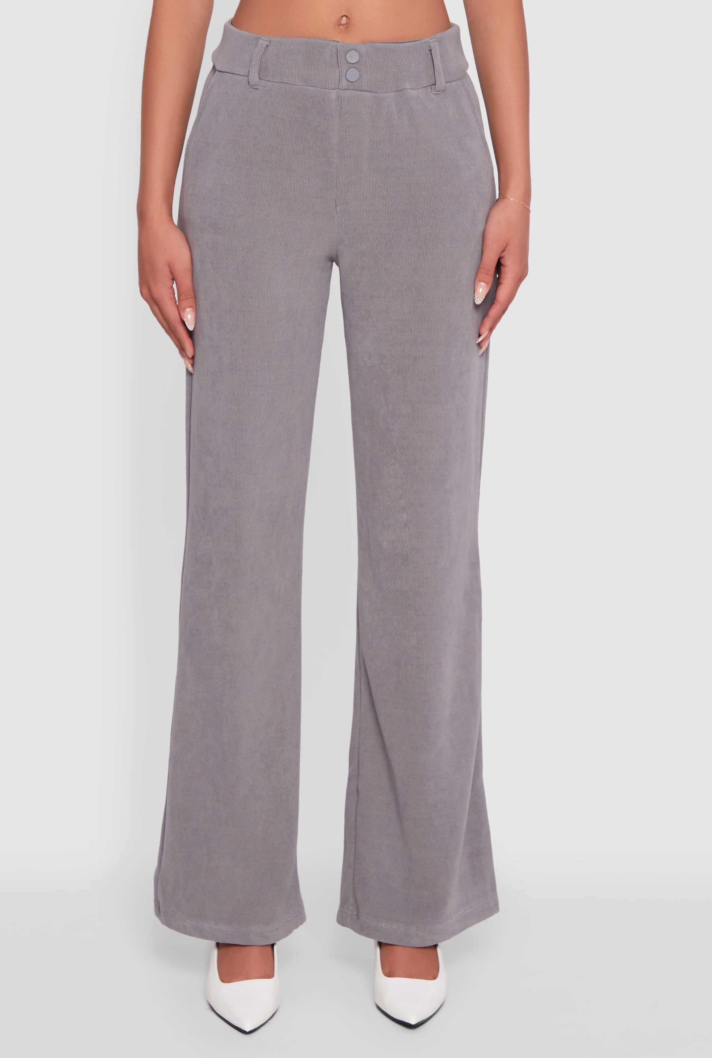 High Waisted Wide Leg Pants with Faux Buttons