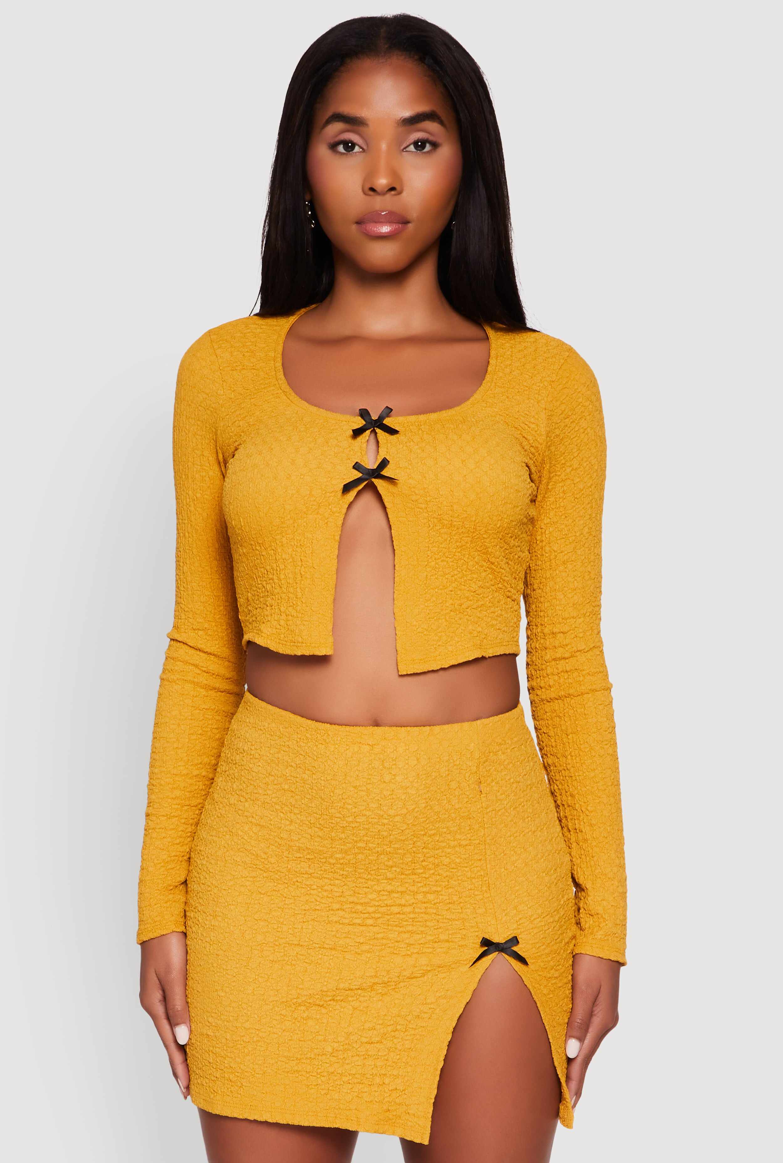 Textured Knit Cropped Blouse with Slit Front