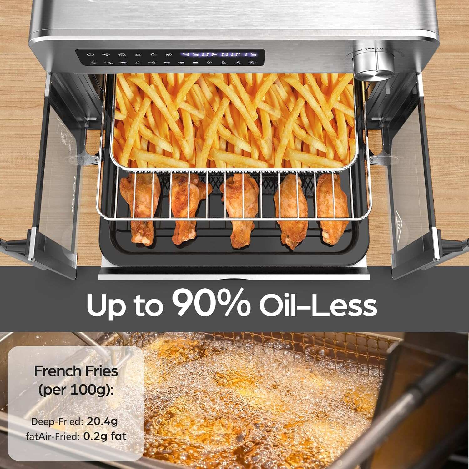 24QT French Door Air Fryer Toaster Oven Combo 10-in-1, 30% Faster 90% Less Oil, 102 Recipes & 7 Accessories, Stainless Steel
