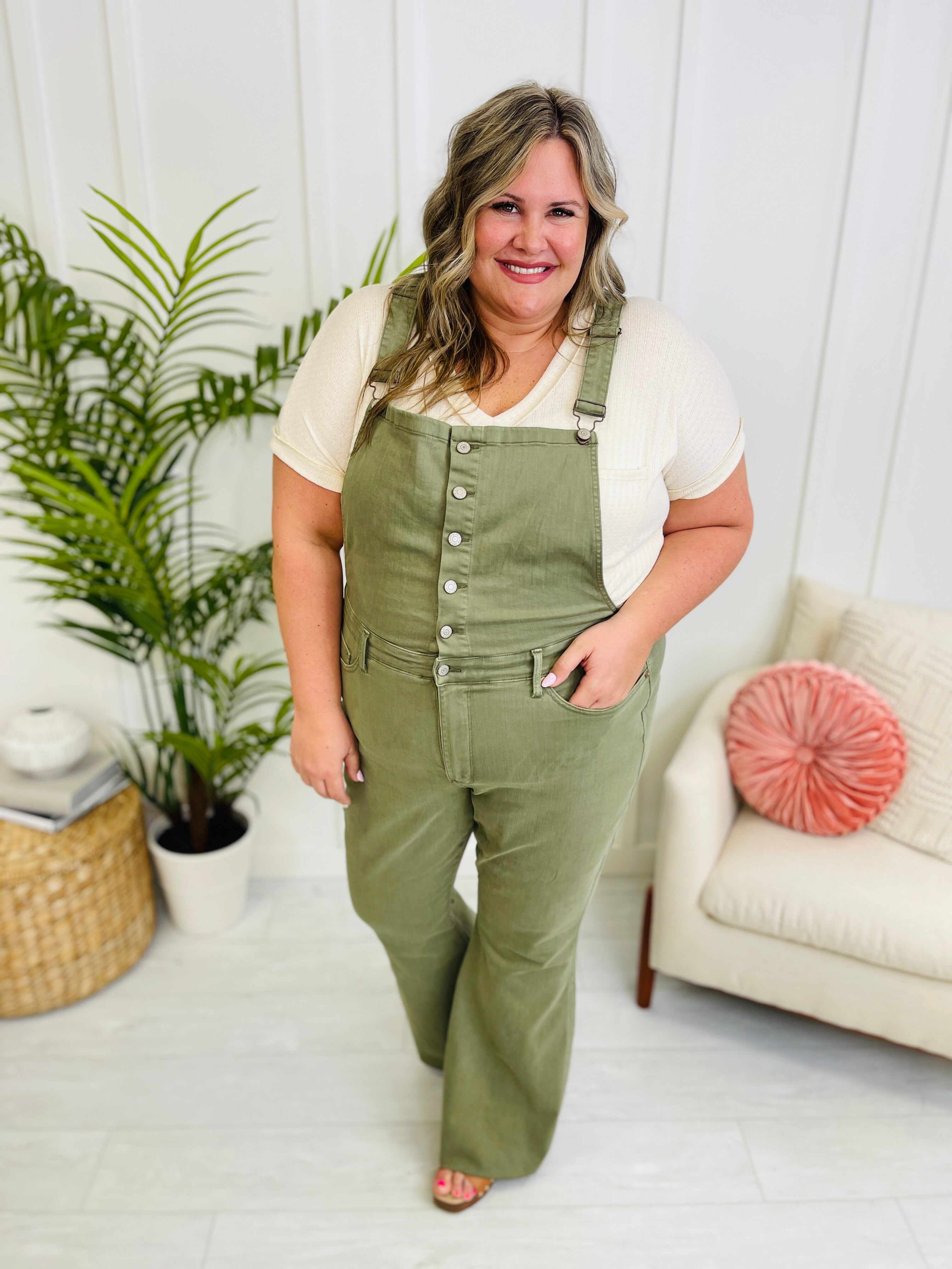 REG/CURVY Can't Olive Without You Tummy Control Flare Overalls
