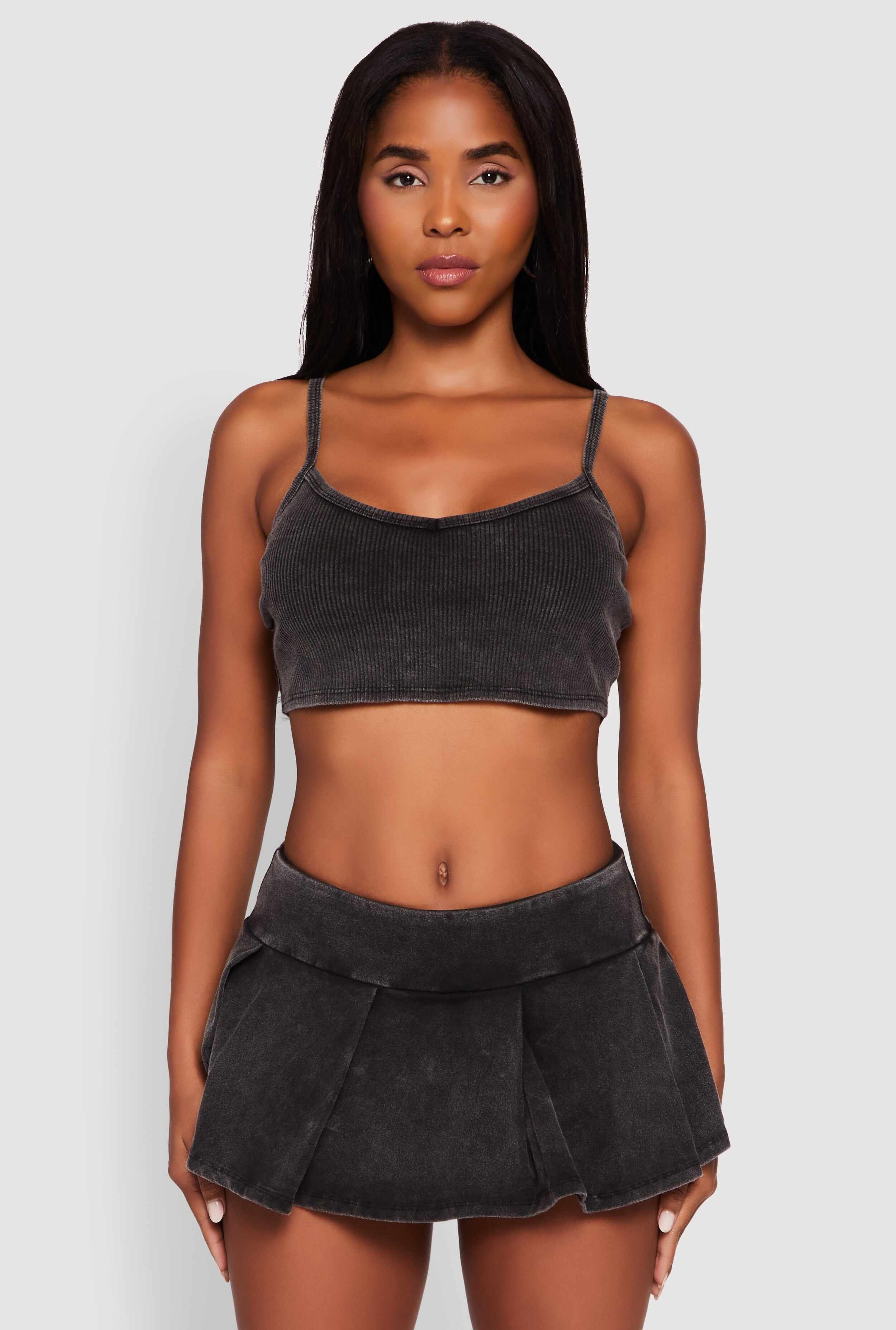 Acid Wash Cropped Rib Knit Cami with Long Sleeve Jacket