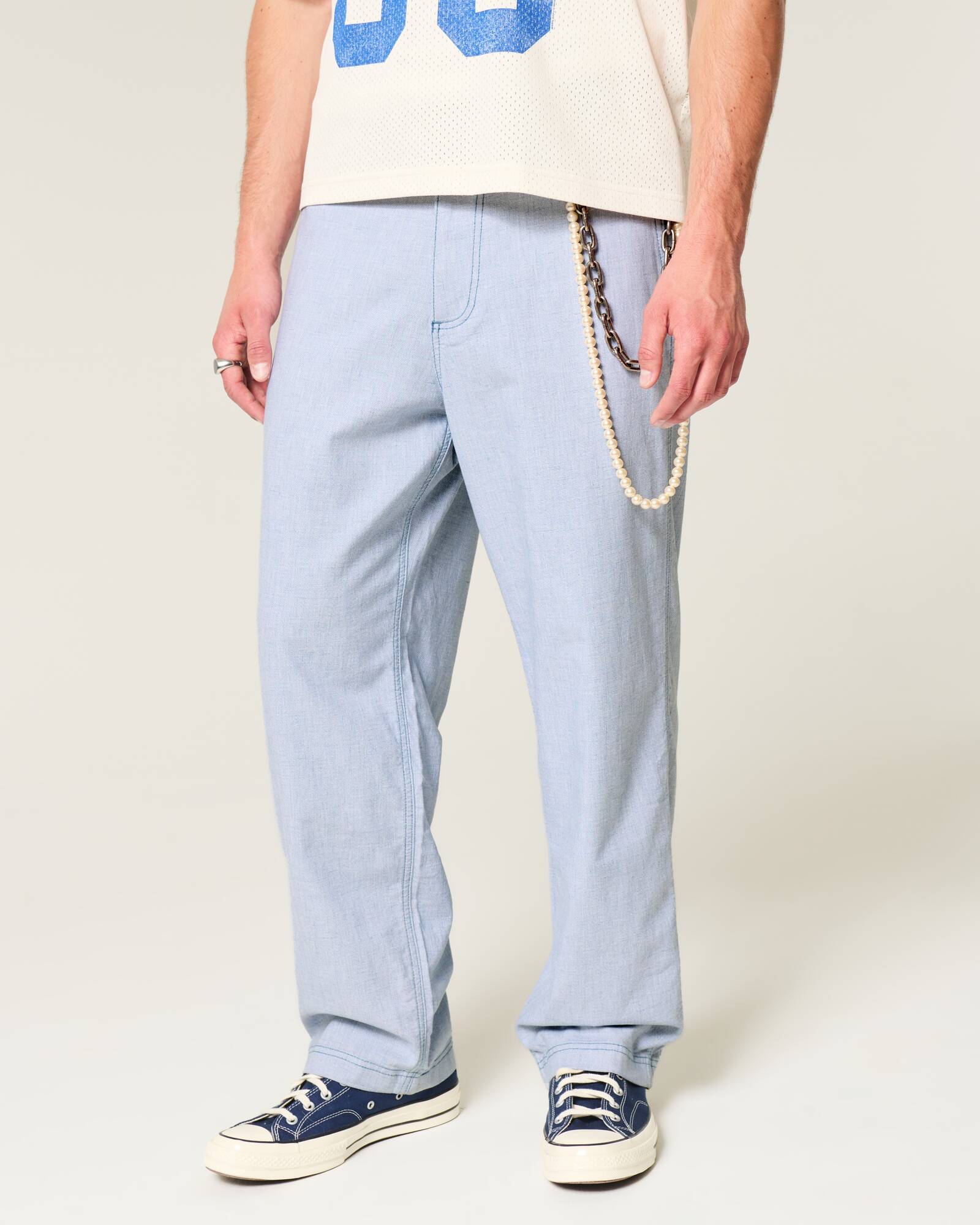 Linen-Blend Flex Waist Baggy Pants