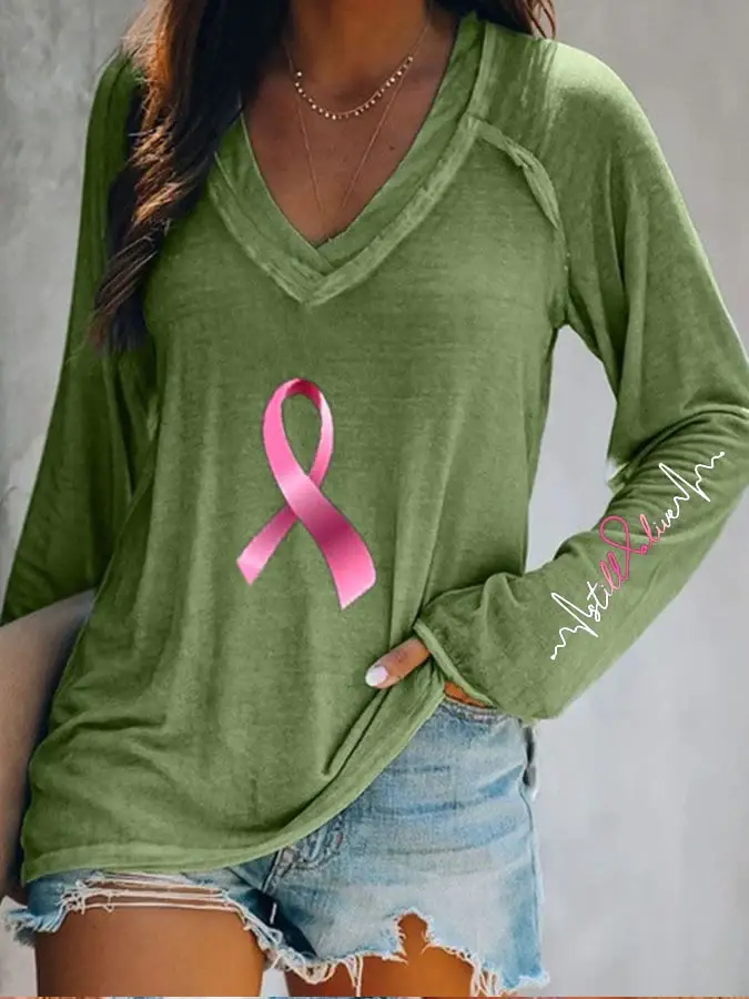Breast Cancer V Neck Long Sleeve Casual T-Shirt