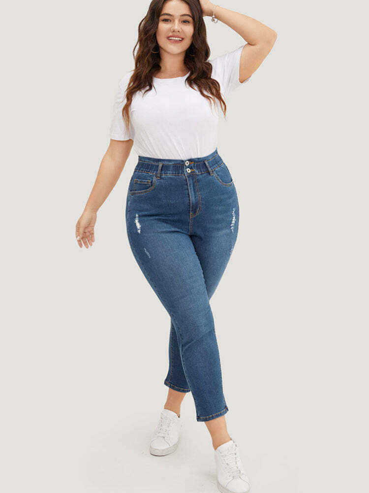 Very Stretchy High Rise Medium Wash Ripped Jeans