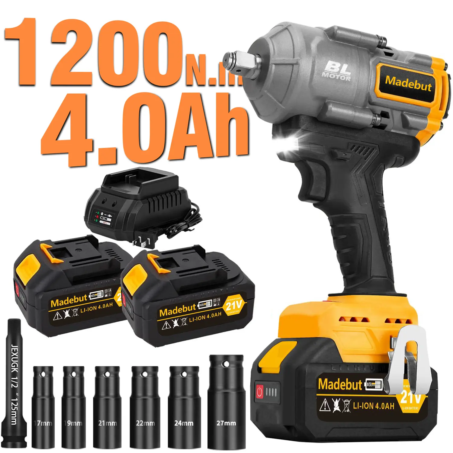 1000N.m Cordless Impact Wrench, All-Metal Cordless Impact Gun with 2 * 4.0Mah, 3-IN-1 Electric Impact Wrench with 5 Sleeves, High Torque 1/2 Impact Wrench