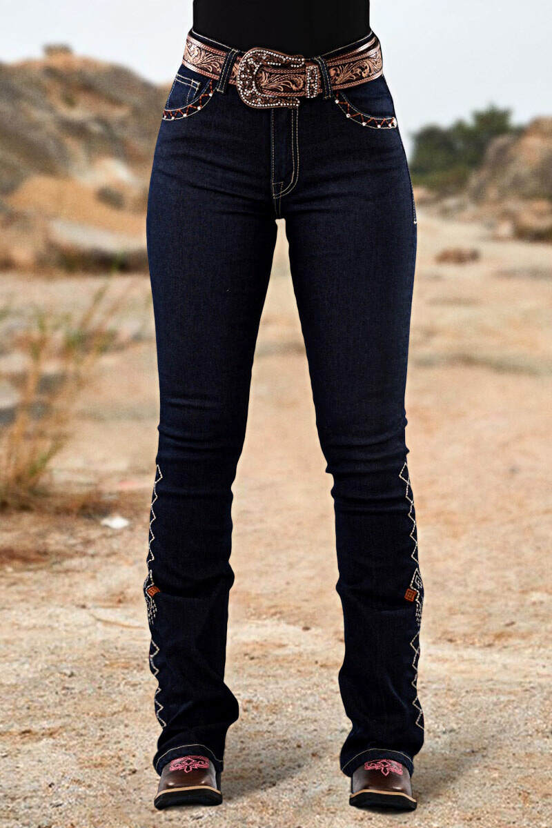 Wash Geo Embroidery Rhinestone Decor Mid Rise Bootcut Jeans Without Belt