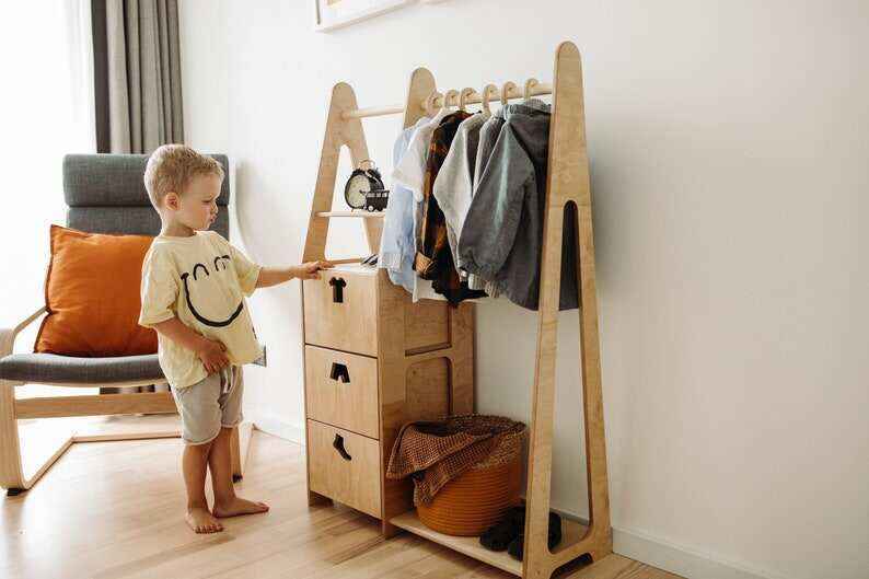 Children wardrobe Montessori clothing rack Wooden clothing rack Wood frame rack Toddler wardrobe Clothing rack with drawers Kids furniture