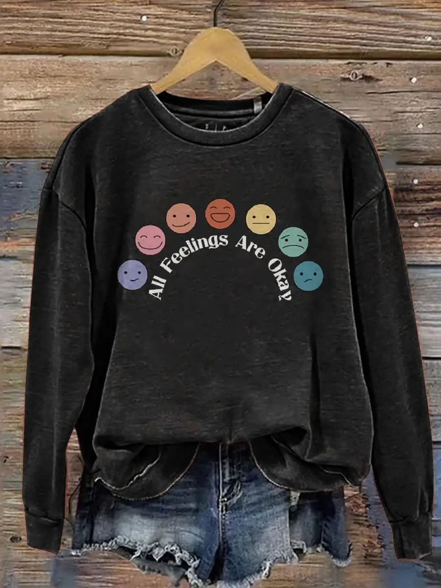All Feelings Are Okay Mental Health Awareness Pattern Print Casual Sweatshirt