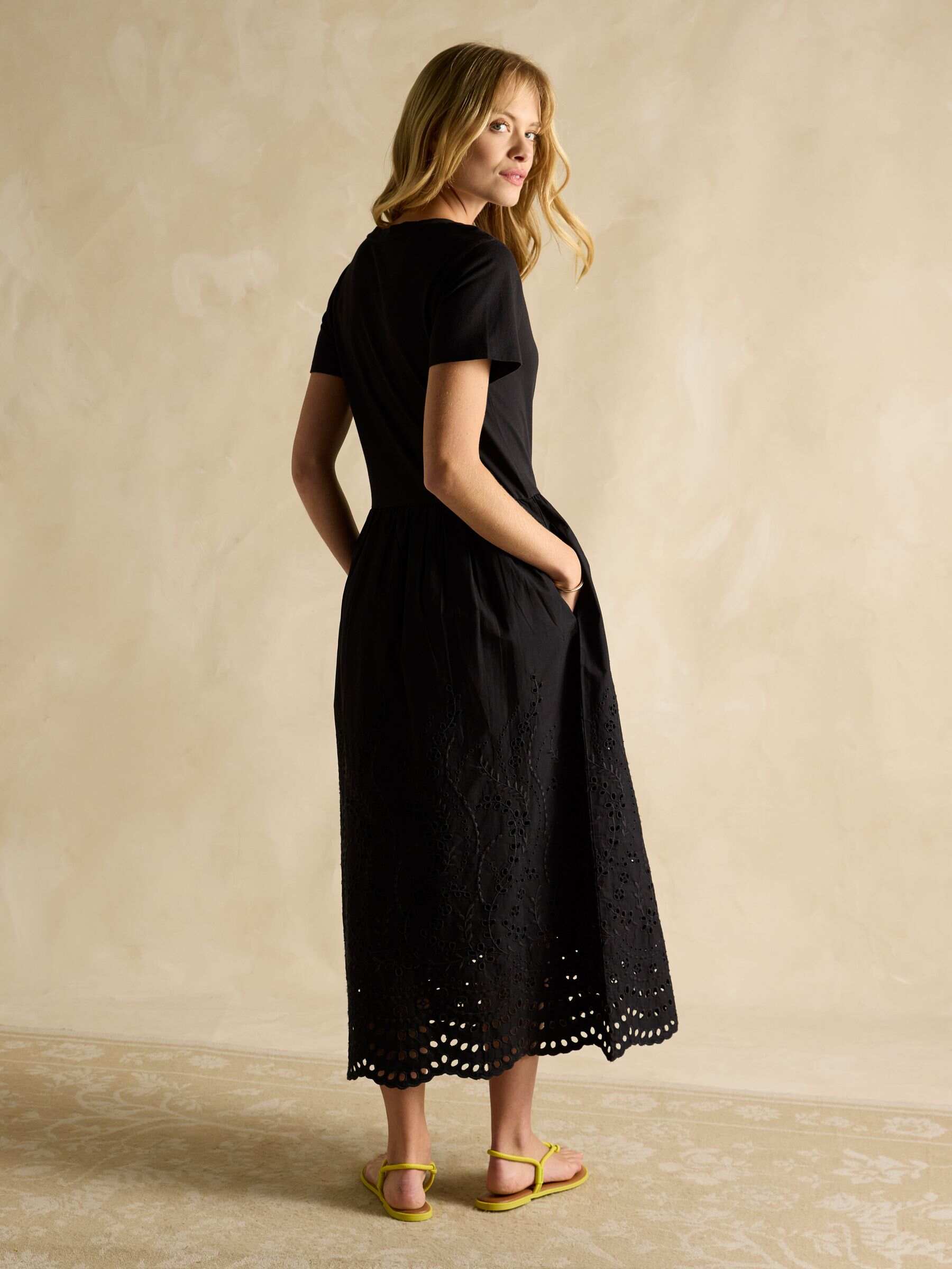 Reid Black Cotton Broderie Midi Dress