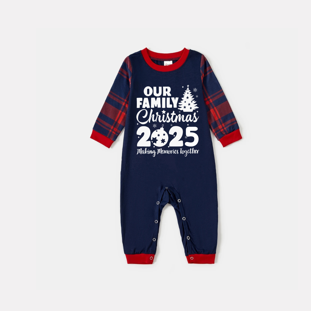'Our Family Chirstmas 2025 Making Memories Together' Letter Print Blue Long Sleeves Top with Red and Blue Plaid Pants Christmas Matching Pajamas