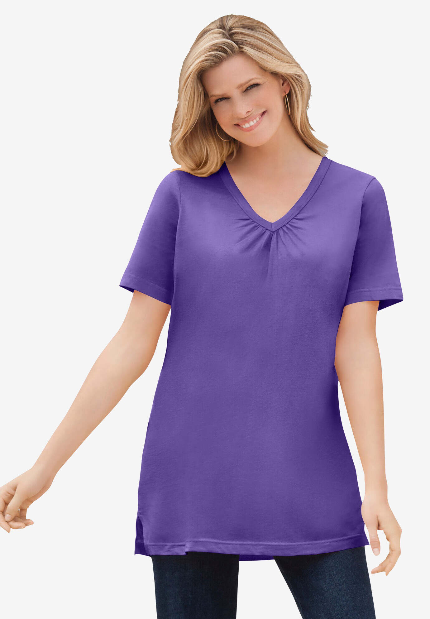 Perfect Short-Sleeve Shirred V-Neck Tunic