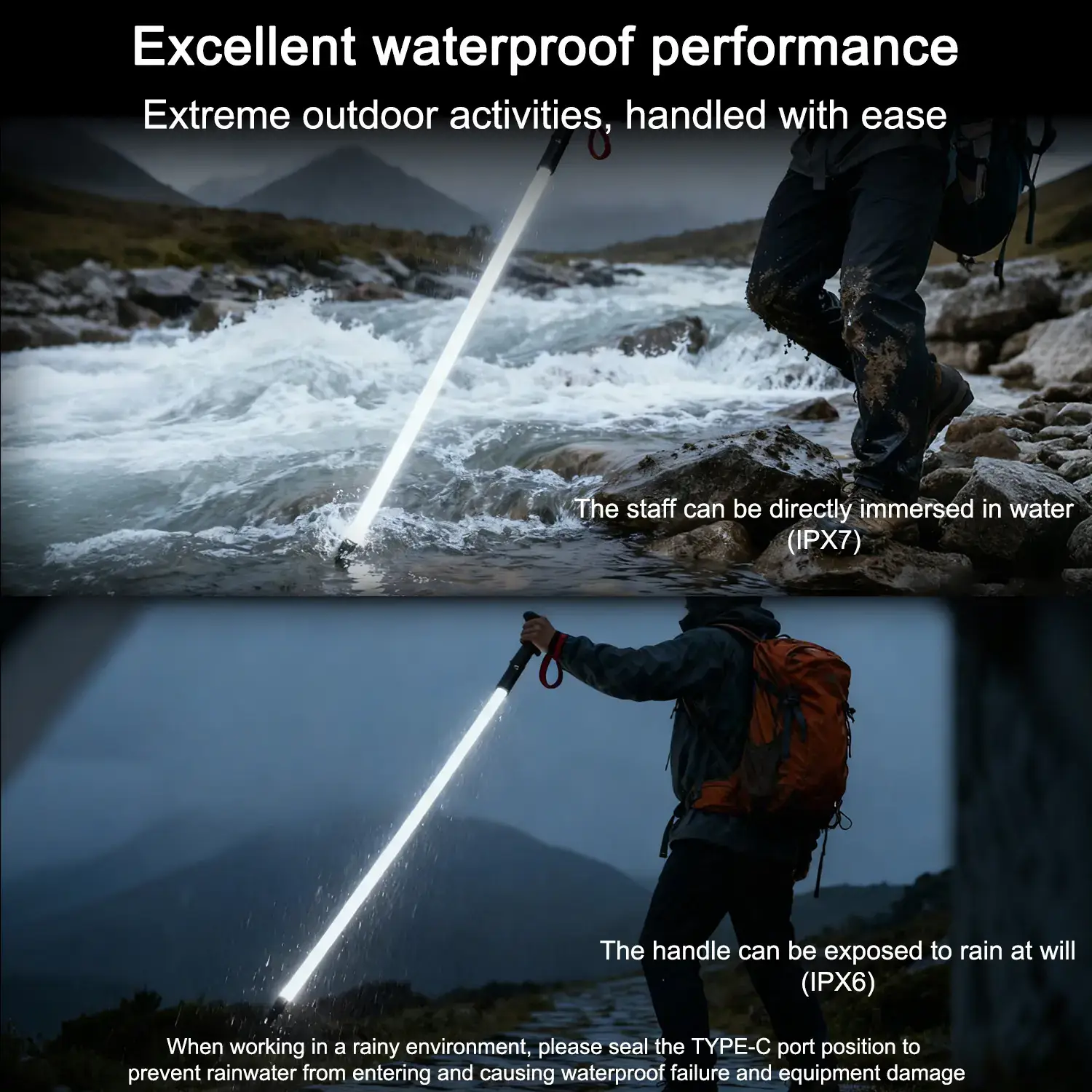 Laser Saber Style Trekking Poles - Non-Foldable Built-in LED Light Strip Hiking Sticks, Adjustable Waterproof Aircraft Aluminum with Anti-Slip Grip, Photo Ready for Night Hiking Camping Emergency Safety