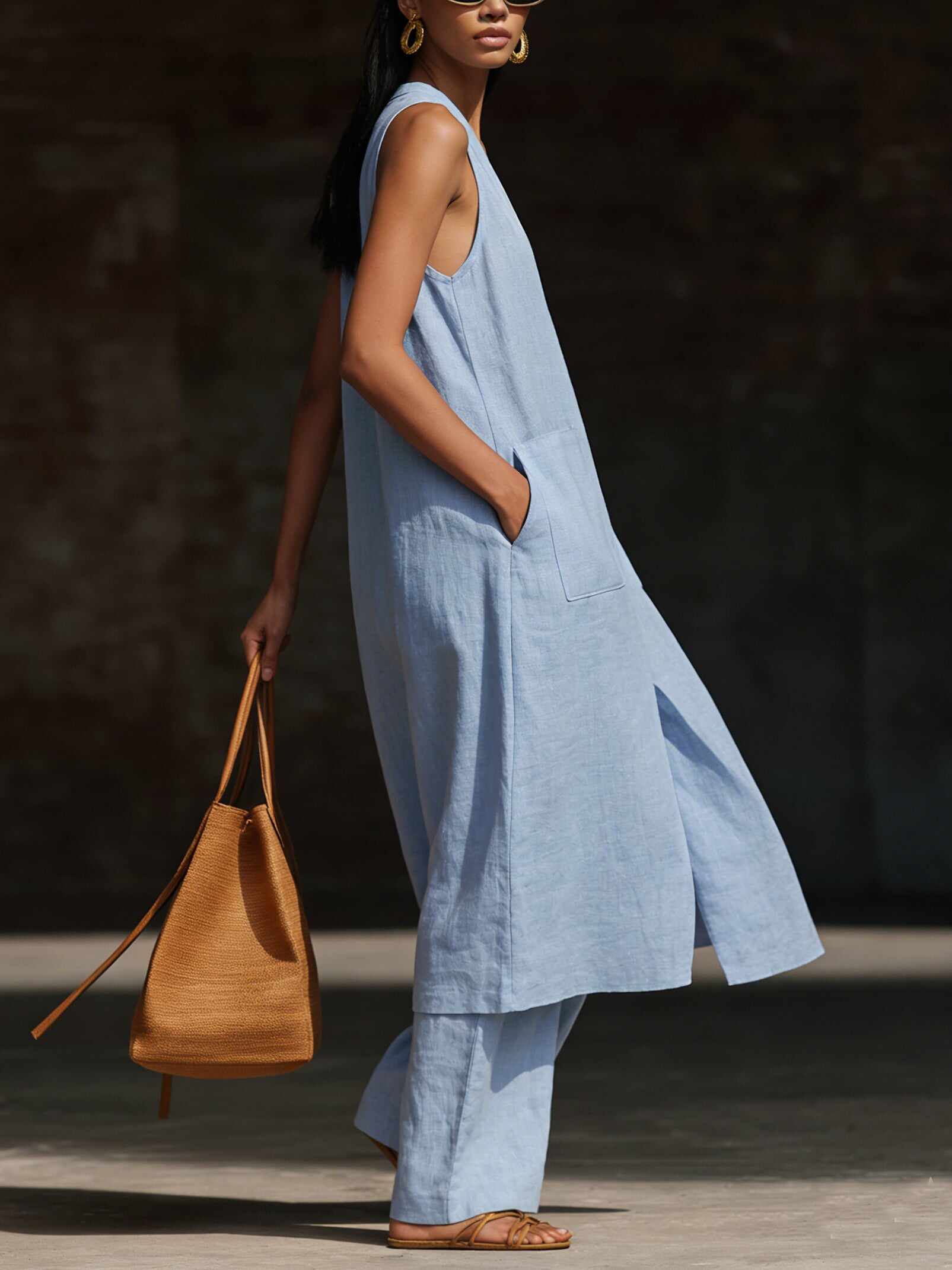 🔥Summer Arrivals🌟Stylish V-neck Long Shirt And Wide-leg Pant Linen Two-piece Set