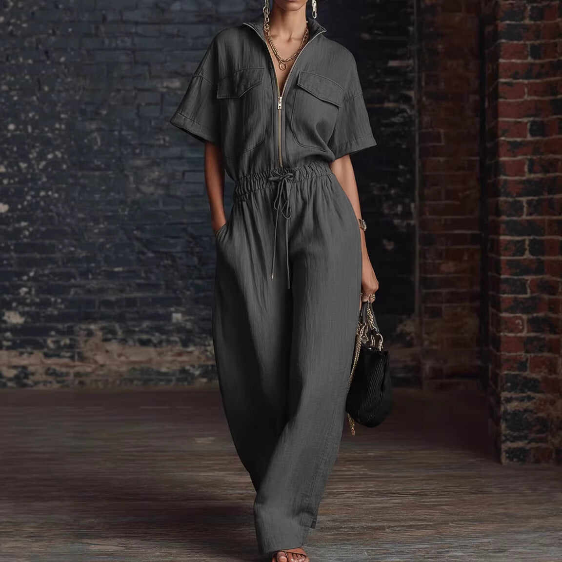 Stand Collar Sleeveless Casual Loose Cotton And Linen Jumpsuit