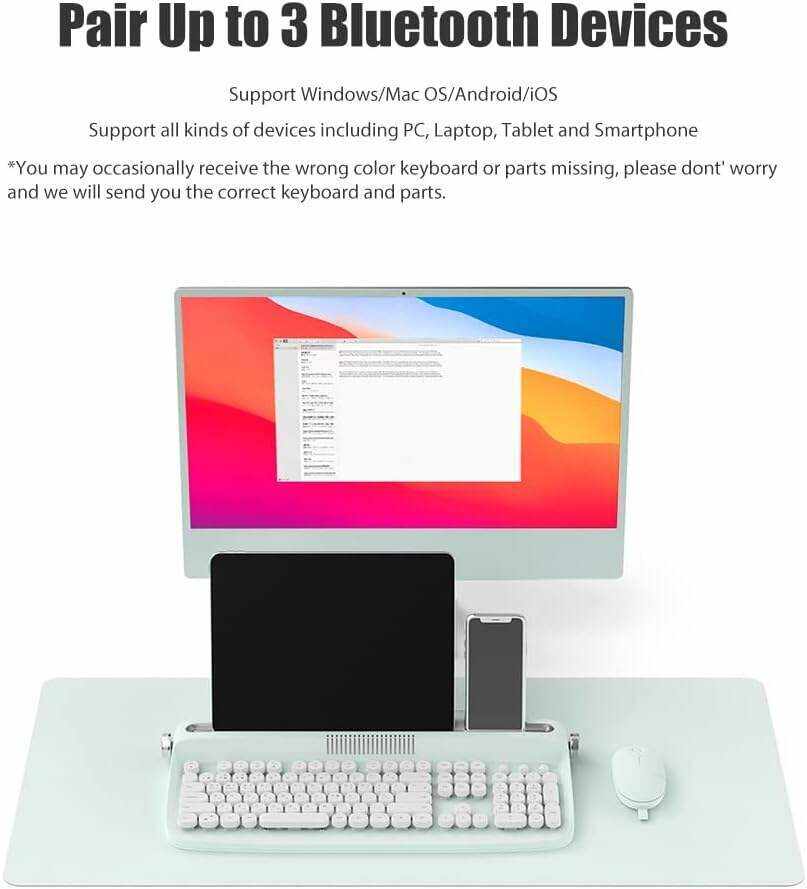 Typewriter Keyboard Wireless Bluetooth 5.0 Retro Aesthetic Cute Kawaii Round Keycaps 106-Key with Num Pad Clicky Mechanical Feeling with Pad/Phone Holder for Windows/Mac OS/Android/iOS (Mint)