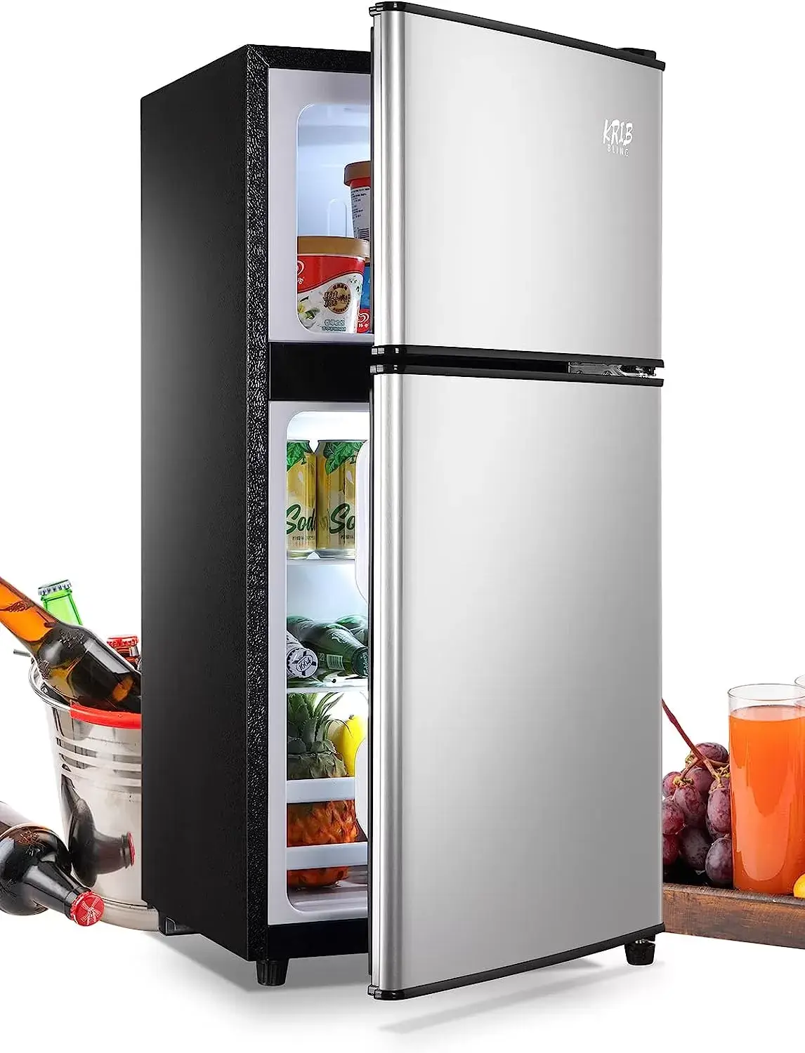 KRIB BLING Mini Fridge with Freezer on Top, 3.5 Cu.Ft Compact Refrigerator with 7 Levels Adjustable Thermostat, Small Fridge for Dorm, Office, RV Camping, Silver