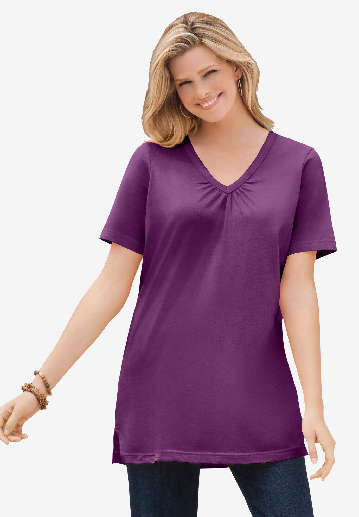 Perfect Short-Sleeve Shirred V-Neck Tunic