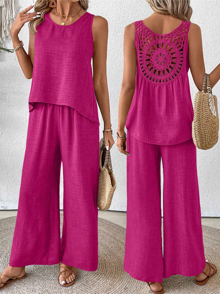 🔥Summer Arrivals🌟Women's Hollow Lace Two-piece Set: Casual Vest And Wide-leg Pants