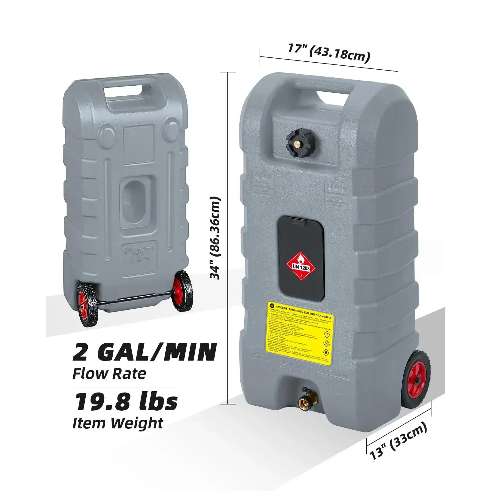 15 Gallon Portable Fuel Caddy with 10-ft Hose, Siphon Pump, and 7.5 L/min Manual Nozzle, Available in Gray, Red, and Yellow for Efficient Fuel Transfer and Storage.