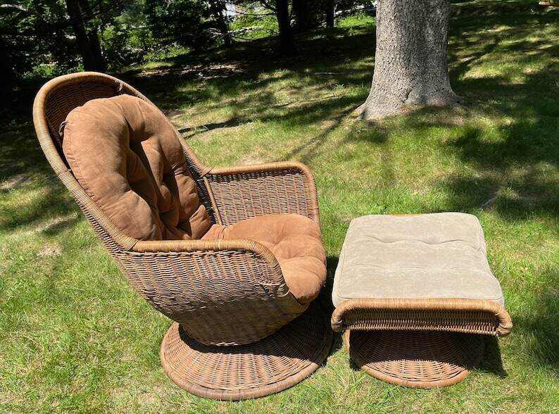 Rattan Egg Chair & Ottoman Swivels Tilts Tufted Cushions Boho Chic Mid Century Modern *Shipping is NOT included. Ask for a quote.*