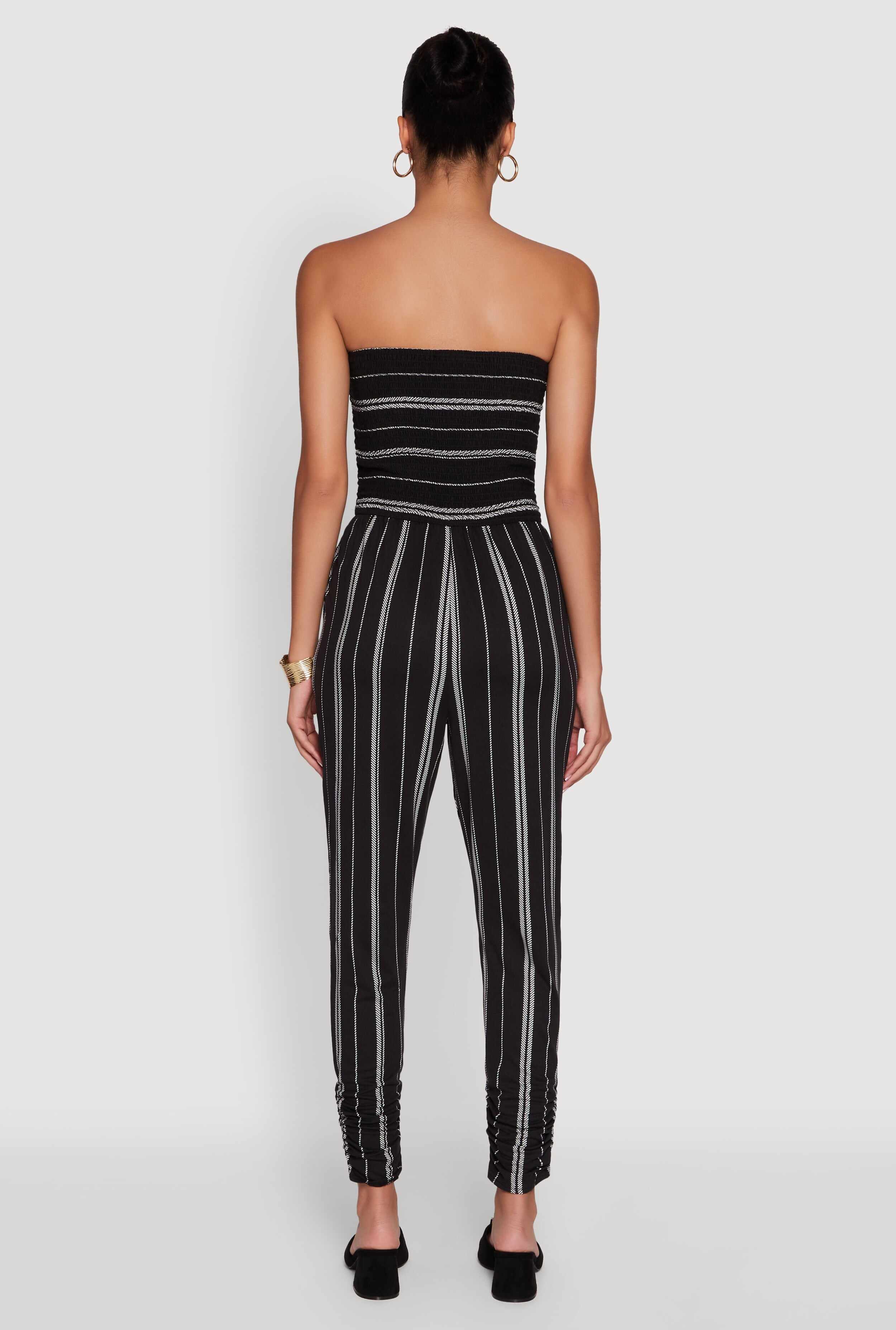 Smocked Strapless Stripe Jumpsuit with Pockets