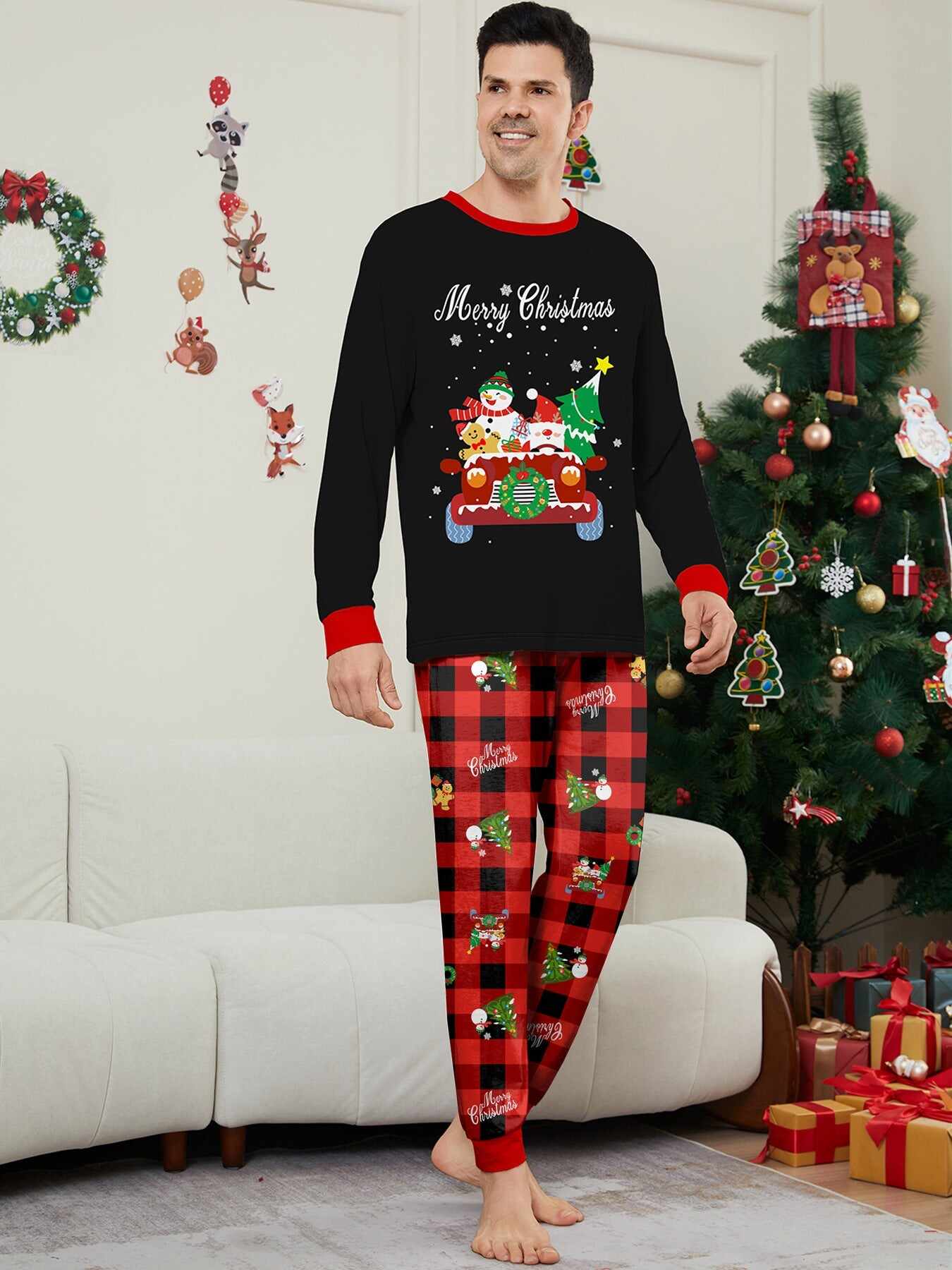 Car Snowman Printed Family Matching Christmas Pajamas Sets