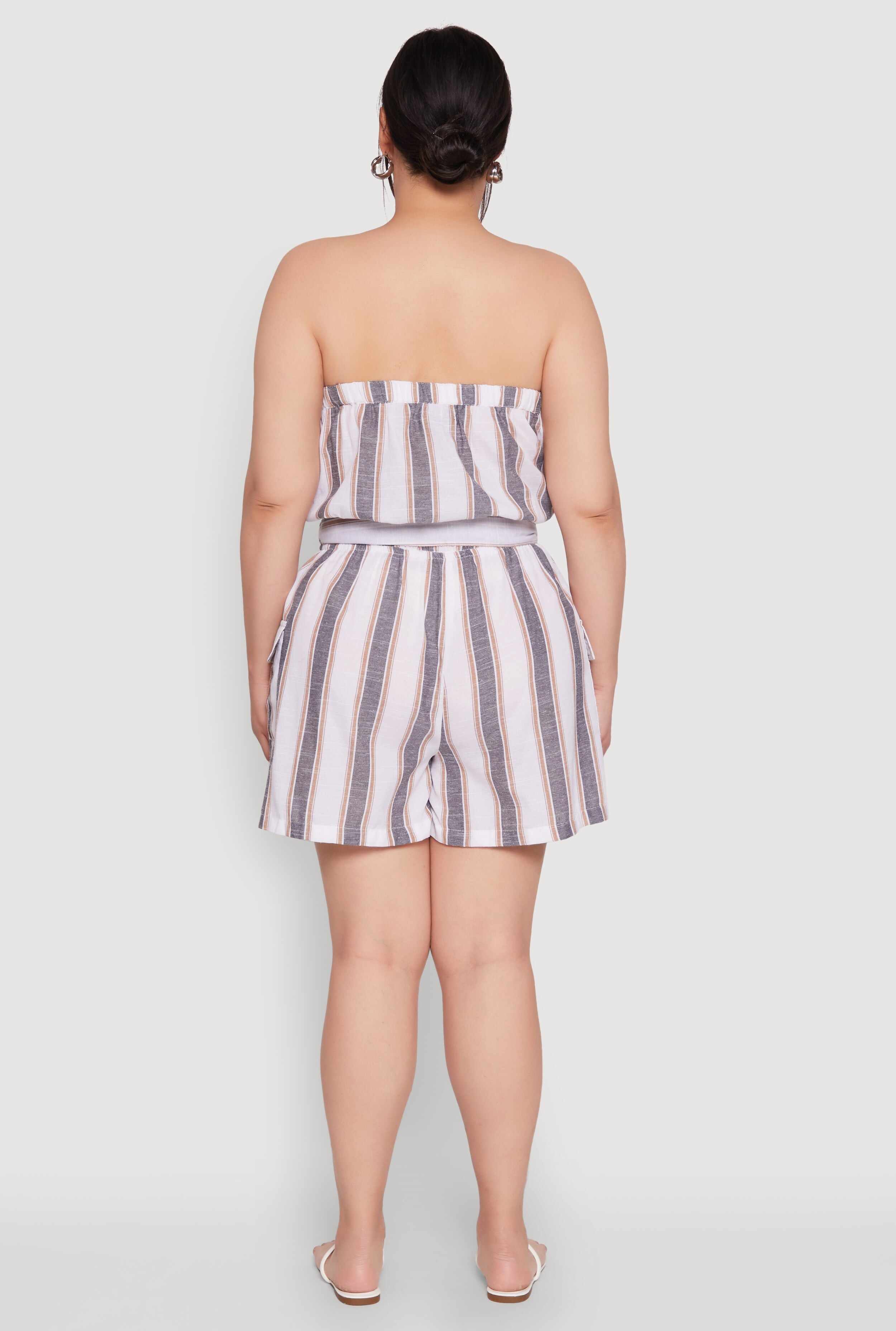 Plus Size Striped Tie Waist Belted Cargo Romper