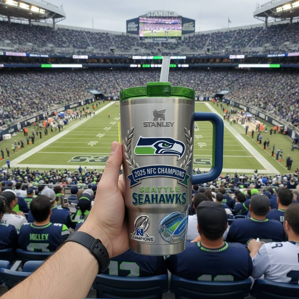Celebrating Seattle Seahawks' victory in the 2025 NFC Stanley Tumbler