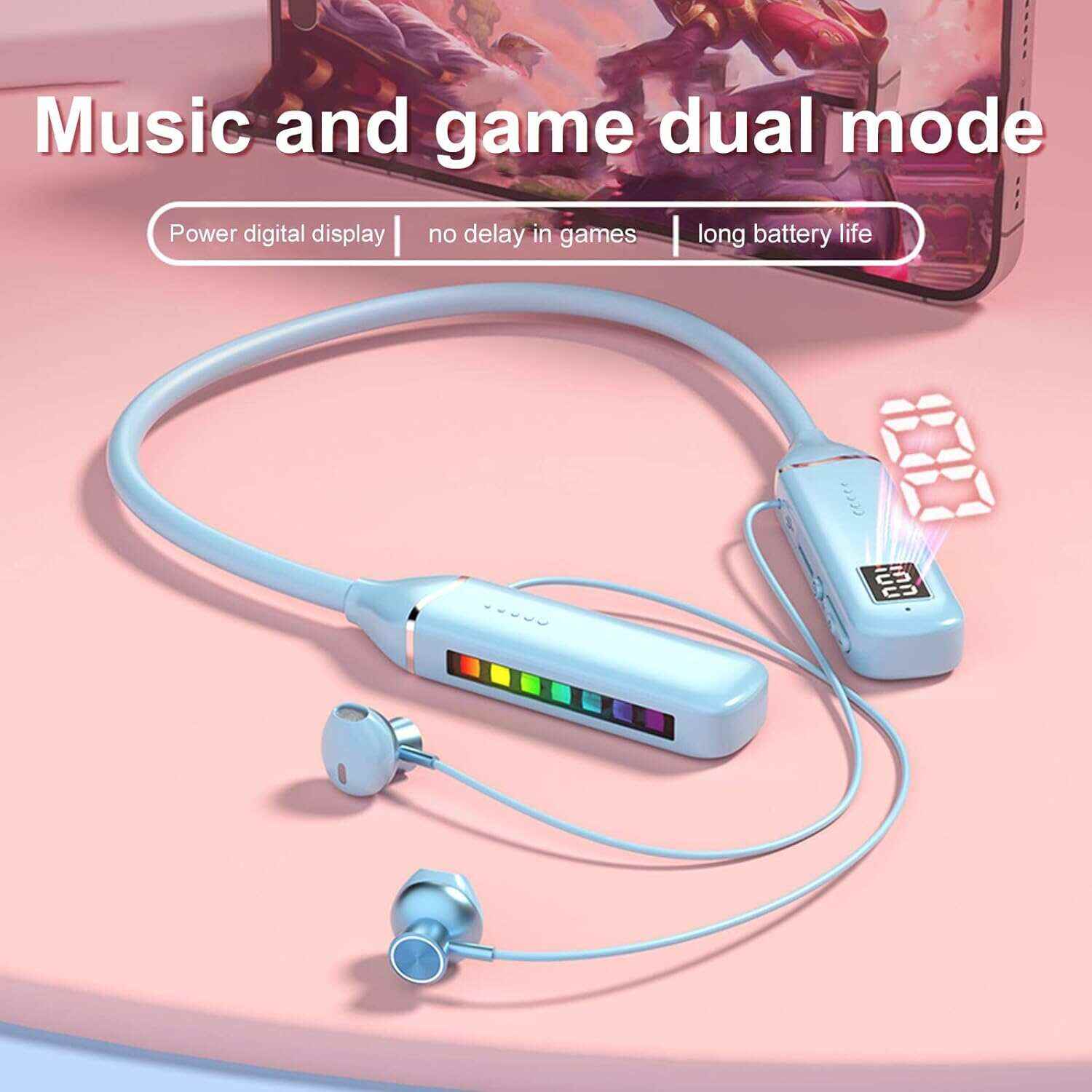 Bluetooth Neckband Headphone, Neckband Earphones Wireless, LED Power Display Memory Card Playback Magnetic Earbuds Headset with RGB Backlight (Black)