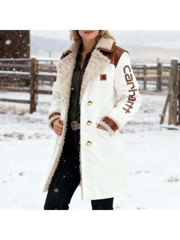 Women's Vintage White Leather Contrast Fleece Faux Fur Lining Coat-Khaki