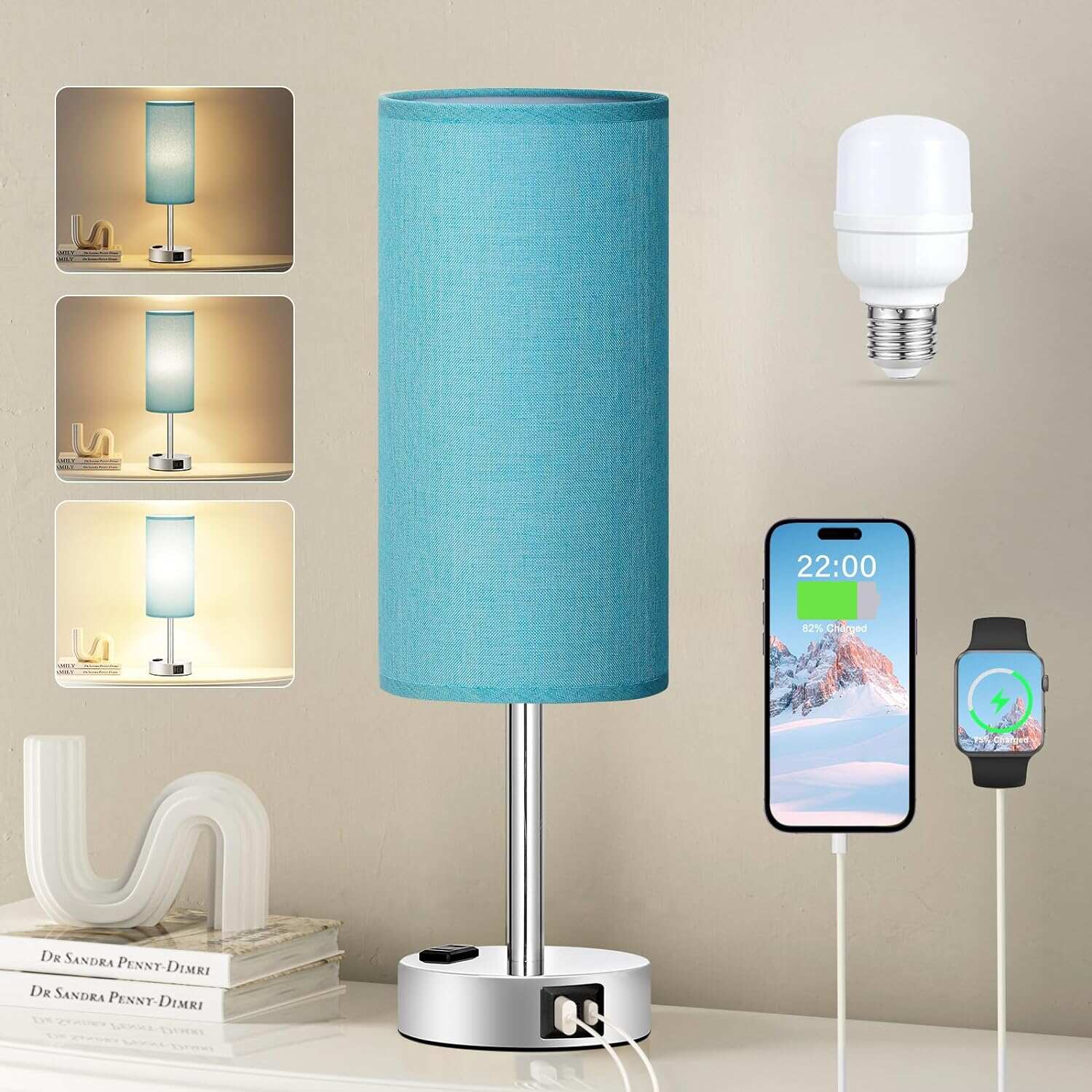 Bedside Table Lamp for Bedroom - 3 Way Dimmable Touch Lamp USB C Charging Ports and AC Outlet, Small Lamp Wood Base Round Flaxen Fabric Shade for Living Room, Desk, LED Bulb Included