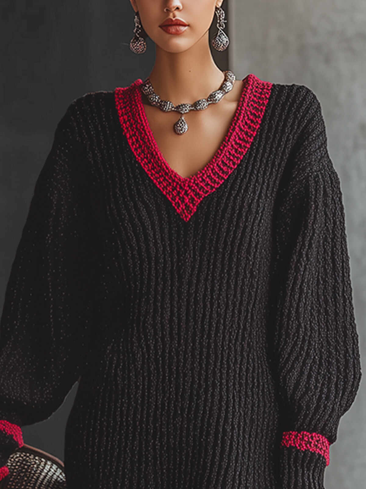 Black Knit V-Neck Dress With Red Trim