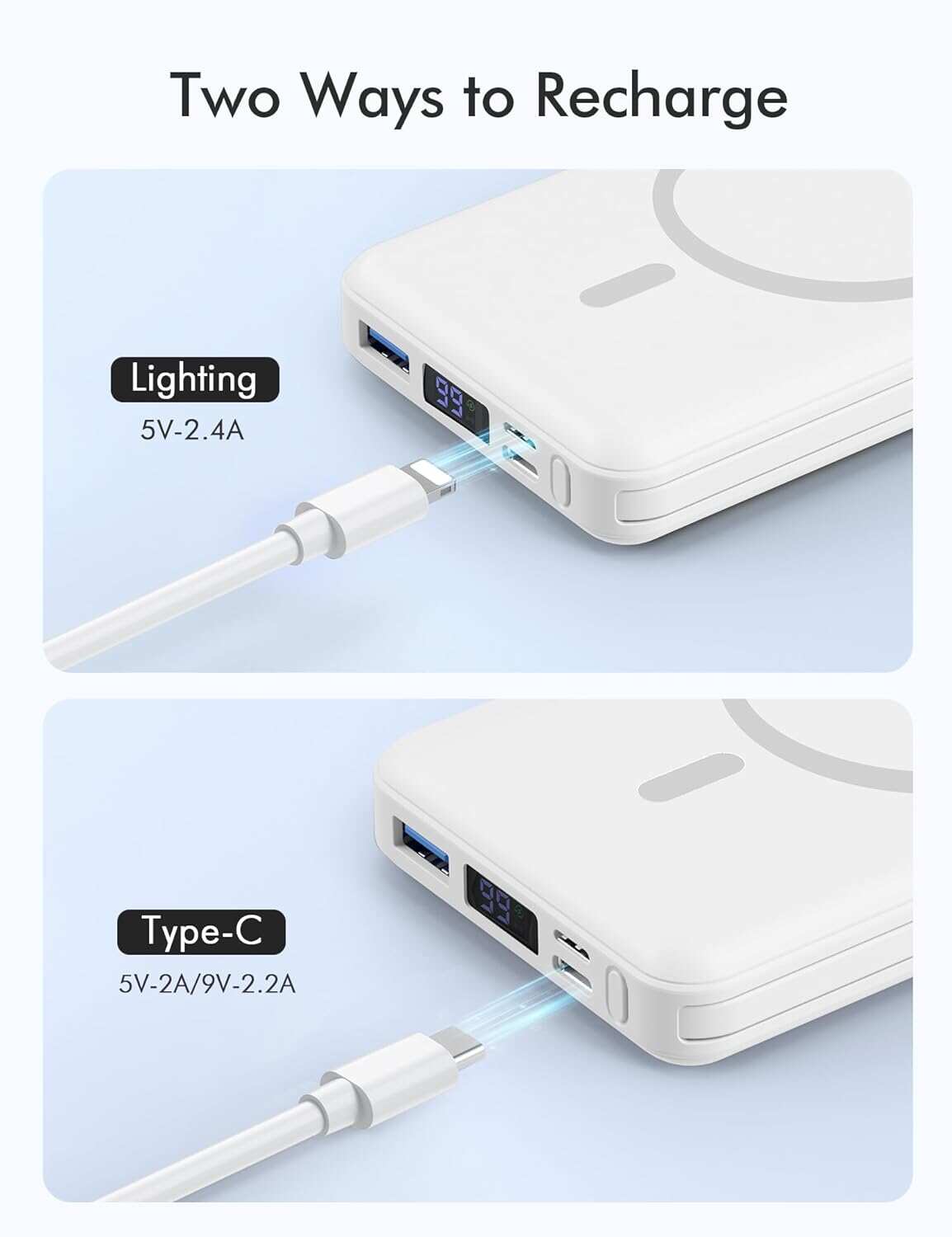 podoru Wireless Portable Charger, 10000mAh Magnetic Power Bank Built-in USB-C Lighting Cables 22.5W PD Fast Charging LED Display Mag-Safe Battery Pack for iPhone 15/14/13/12/Mini/Pro/Pro Max - White